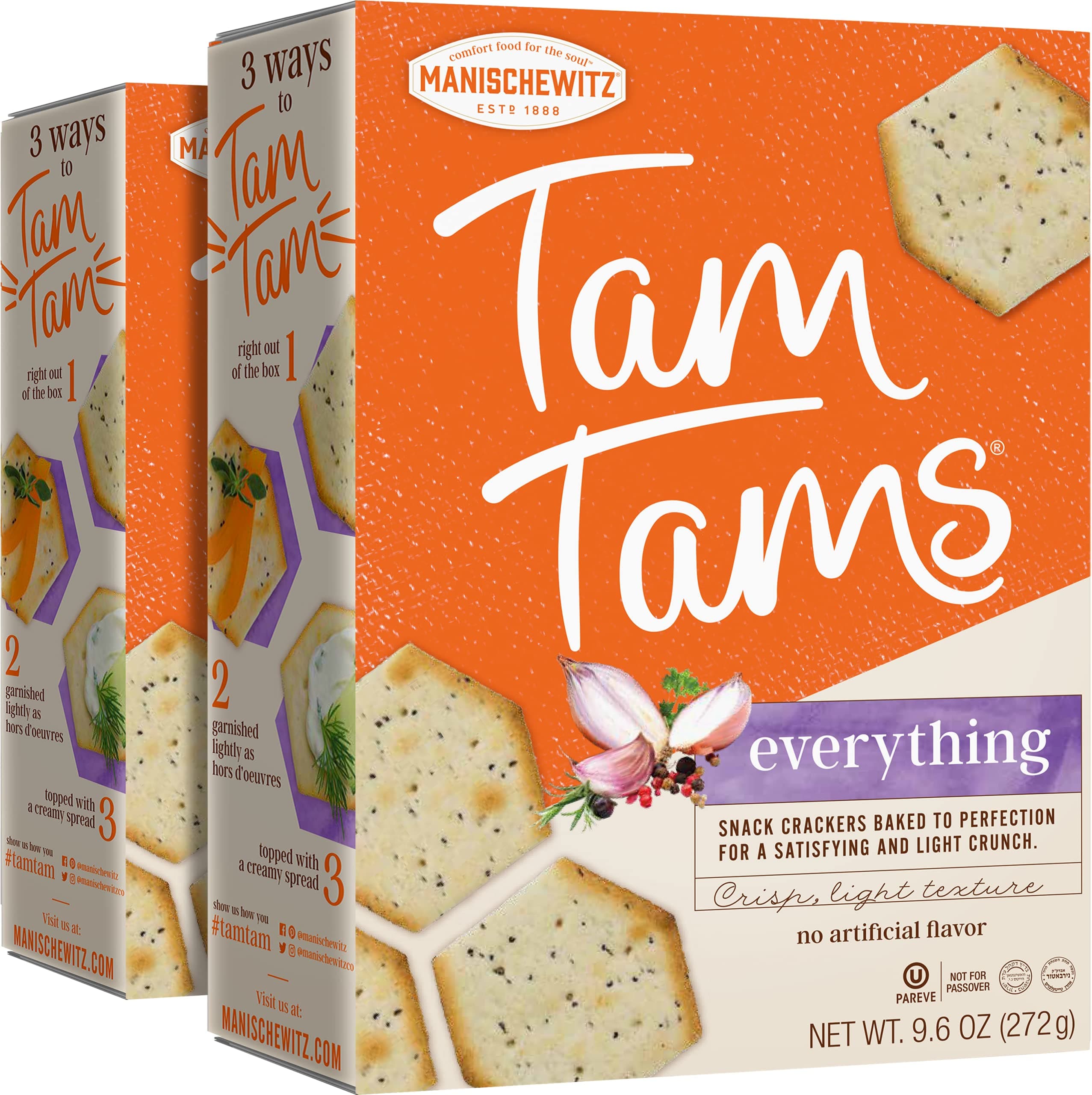 Manischewitz Tam Tam Everything Crackers 9.6oz (2 Pack), Crisp & Light Texture, Baked to Perfection