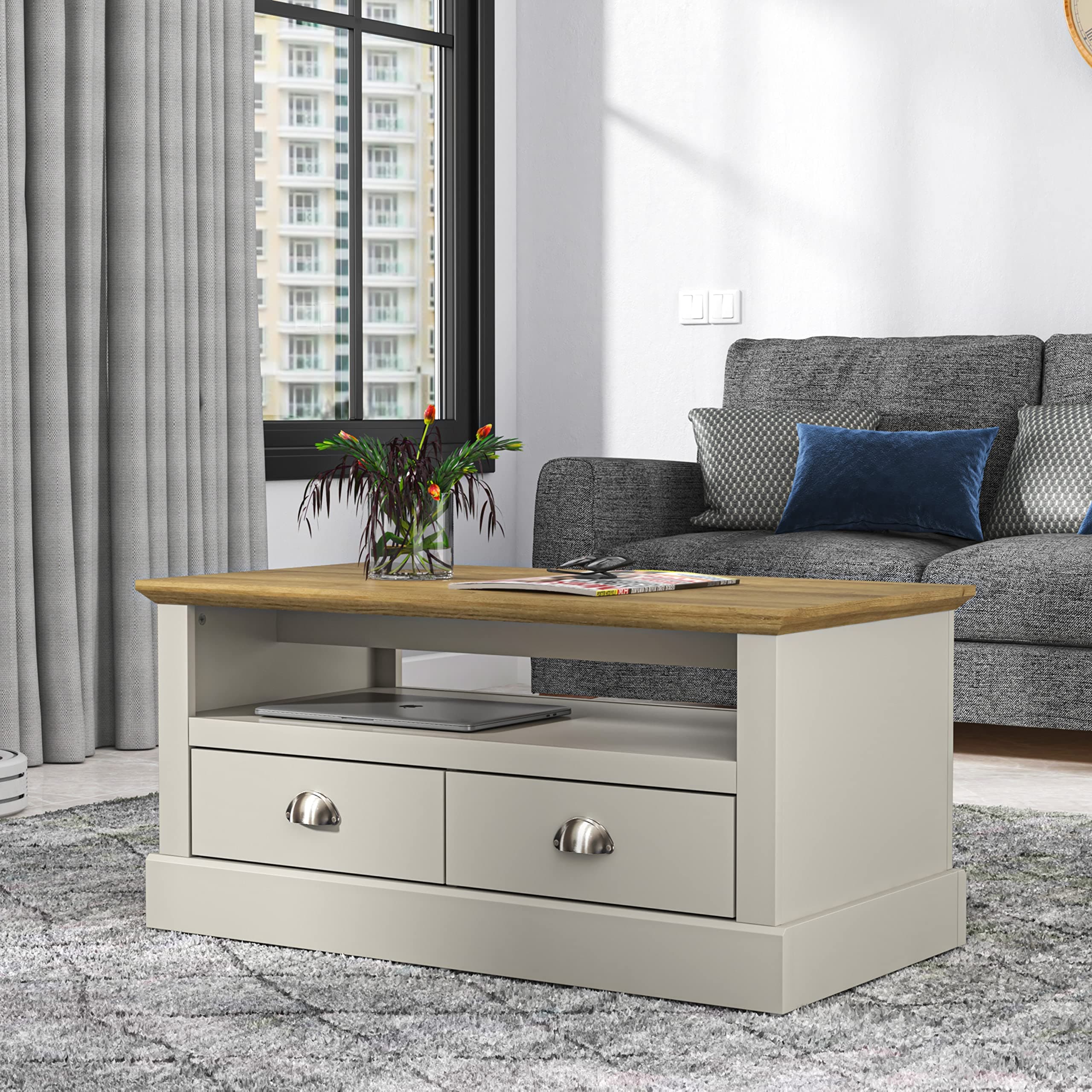 Galano Sufy Coffee Table – 2 Drawer Storage Unit – Free Standing Hallway Cabinet (Light Grey)