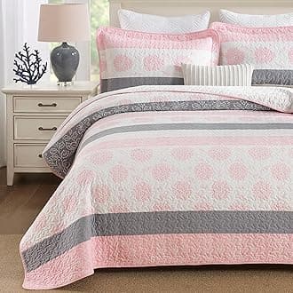 Homzard Quilts Queen Size,Cotton Pink Comforter Set Queen,Pink White Grey Bedding Set,Striped Floral Pattern Bedspread (90 * 98 Inches),3 Piece