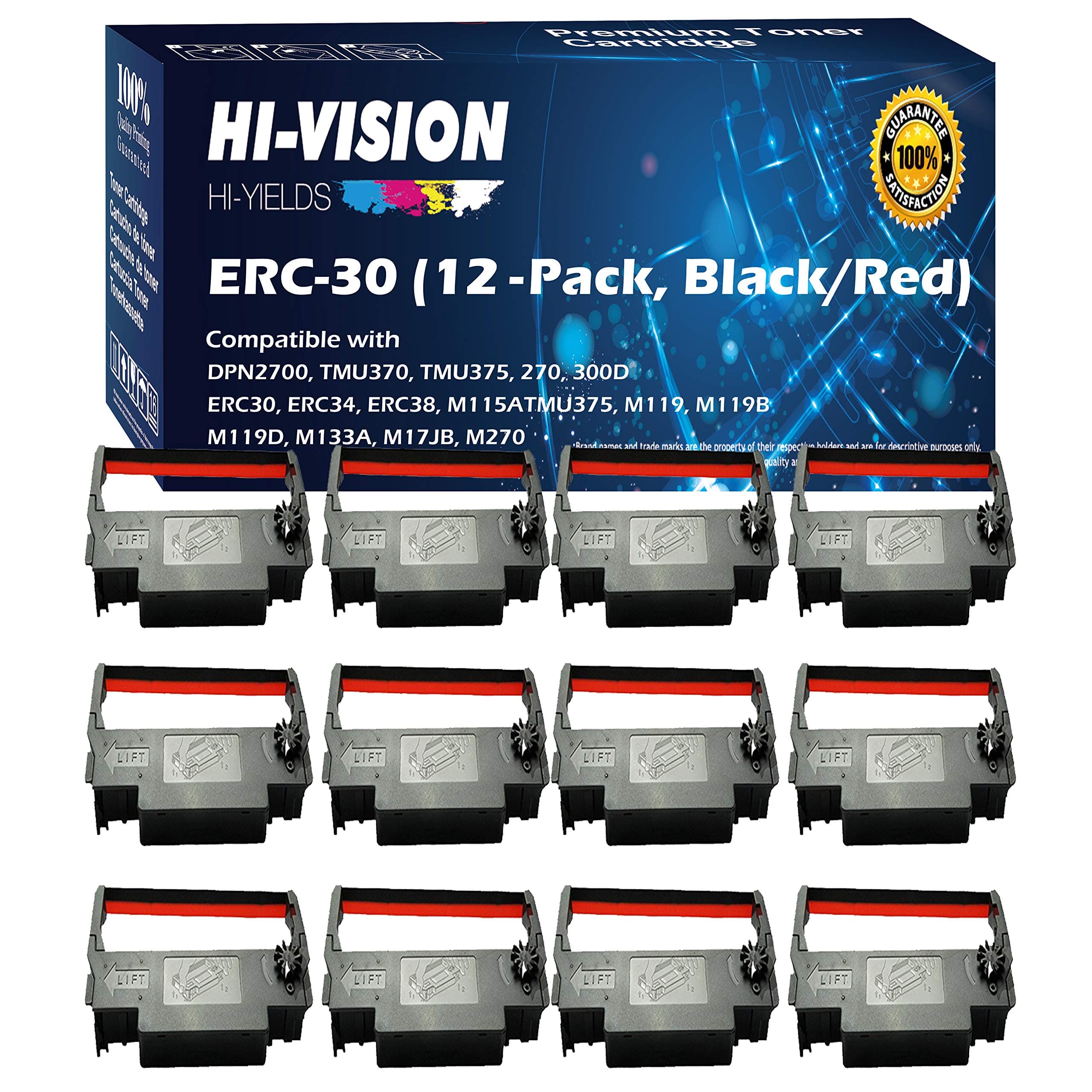 12-Pack Compatible ERC-30 (Black/Red) Ink Ribbon Replacement for Epson M119 M119B M119D M133A M270 M52JB IT-U375 TM-200 TM-260 Printers
