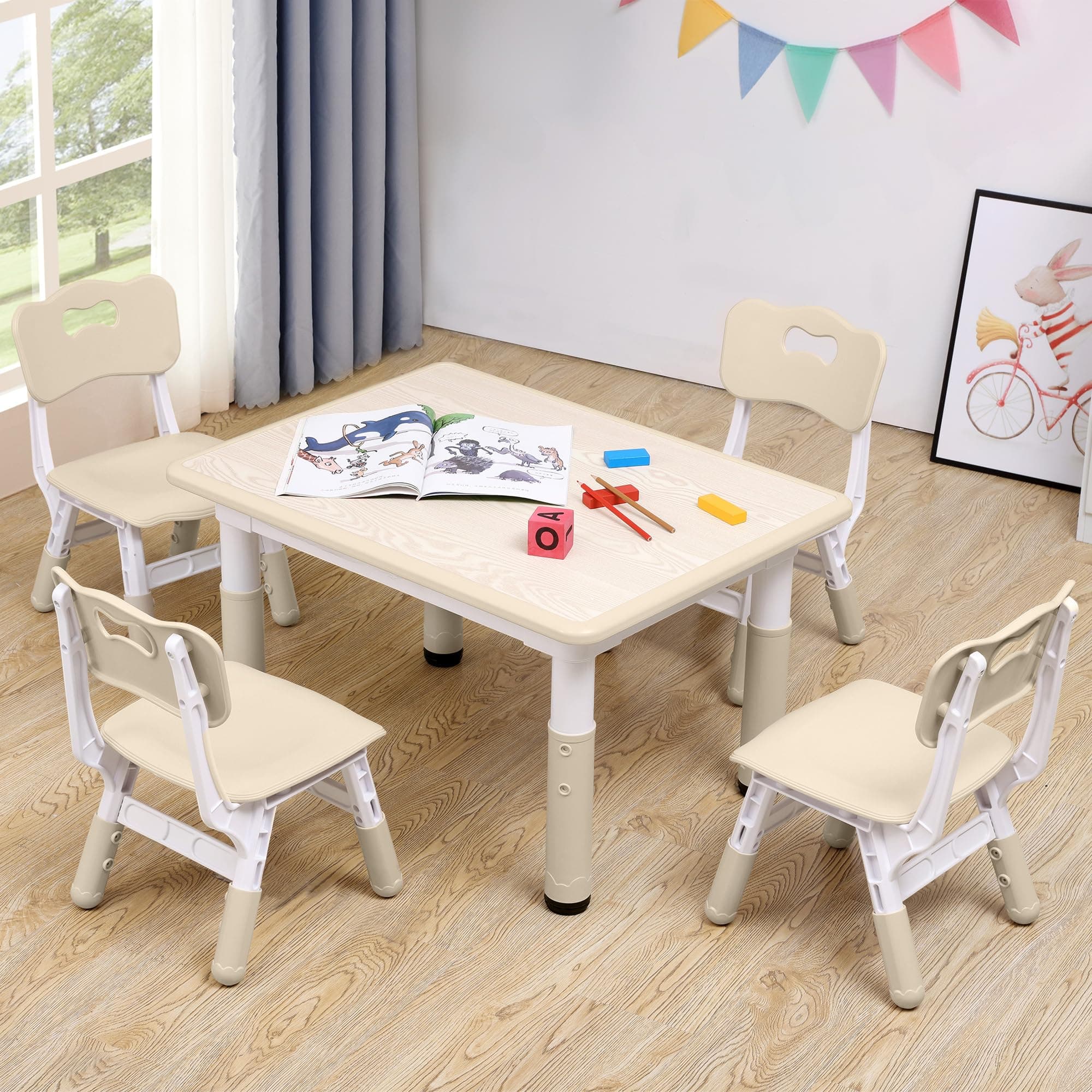 Adjustable Kids Table & Chairs Set for Ages 3-8 | 31.5"x23.6" Easy-Clean Activity Table | Meets ASTM/CPSC Standards for Daycare, Homeschool & Playroom (Natural-Wood, 4 Chairs)