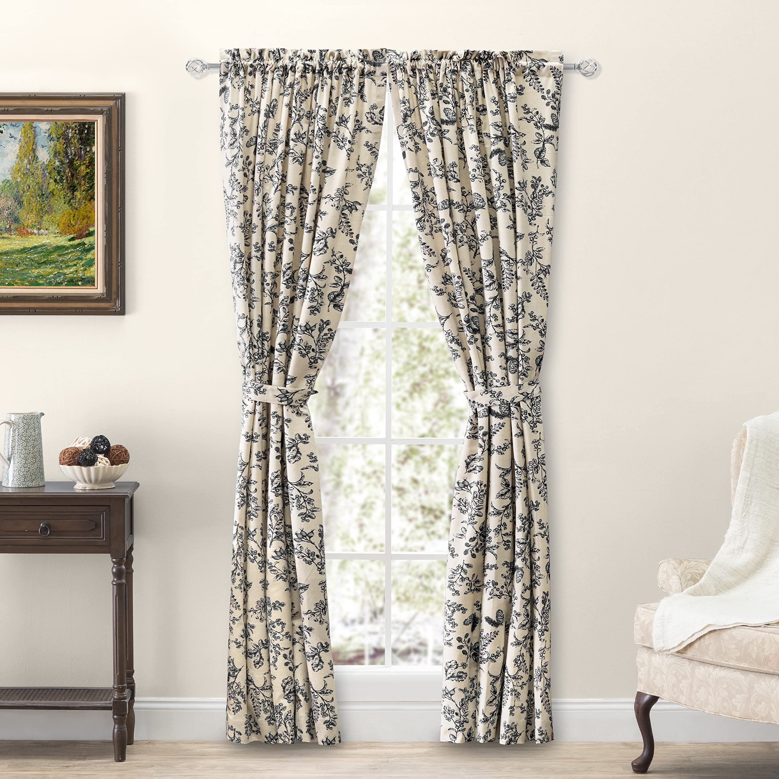 Waverly Gardens Tailored Panel Pair w/ Tiebacks | 63" L X 42" W per Panel | Black | Farmhouse Curtains | Light-Filtering | Vibrant Leaf Design | Soft Cotton | Livingroom Drapes | Machine Washable