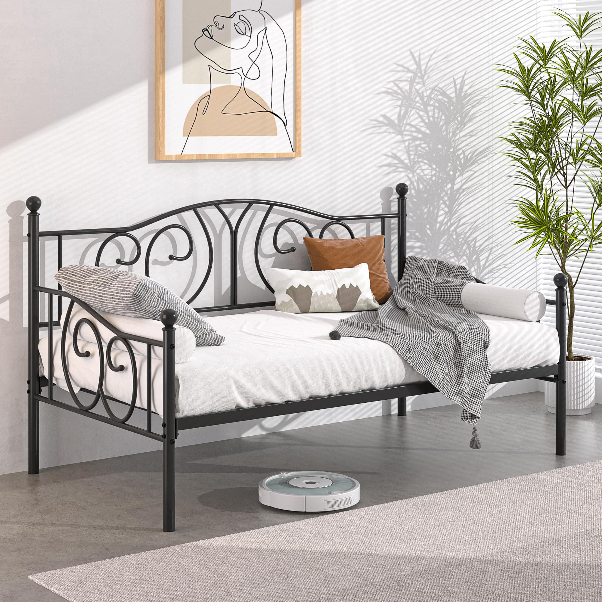 Metal Daybed Frame Multifunctional Platform Bed Sofa Mattress Foundation with Classic Headboard, Twin, Black