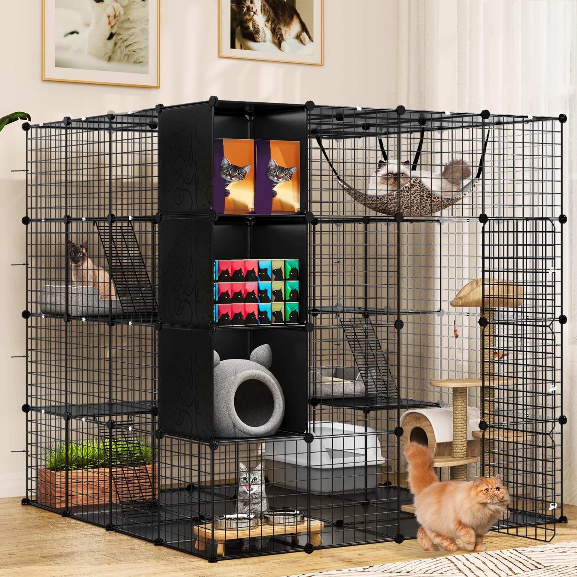 Large Cat Cage with Storage Cube DIY Indoor Catio Cats Enclosures Metal Cat Playpen with Large Hammock for 1-4 Kittens 4 Tiers Cat Kennel,Black