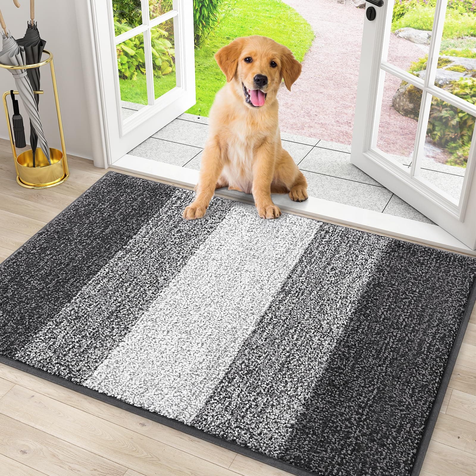 Smiry Dog Door Mat for Muddy Paws, Absorbs Moisture and Dirt, Low-Profile Entryway Mat with Non-Slip Backing, Entry Indoor Outdoor Doormat for Inside Floor (30x20 Inches, Grey, Striped)