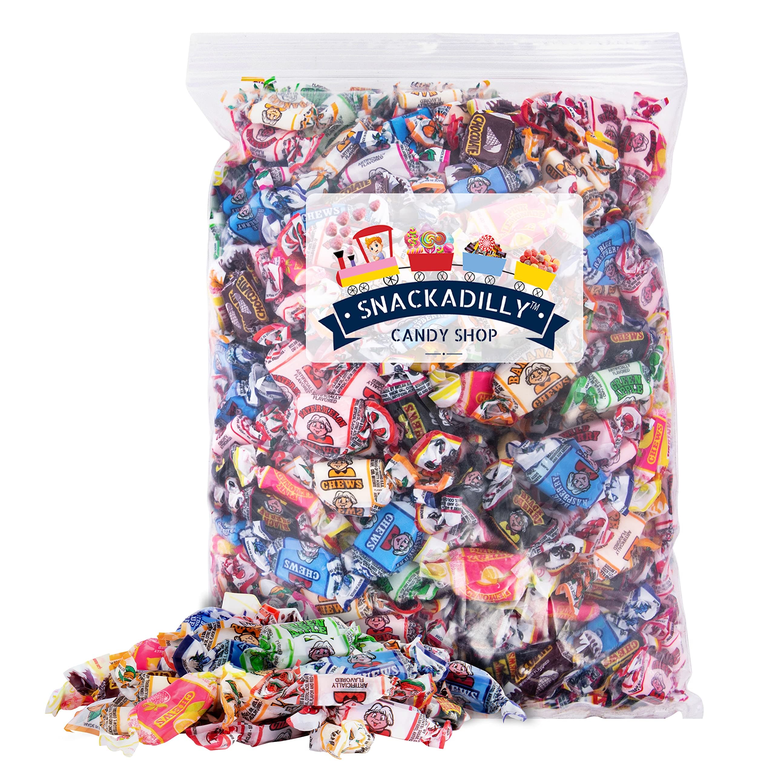 Fruit Chews Bulk 2Lb Bag "348 Chews" - Many Including Sours! - Blue Raspberry, Banana, Watermelon, Green Apple, Chocolate, Peach, & More - Packaged By Snackadilly