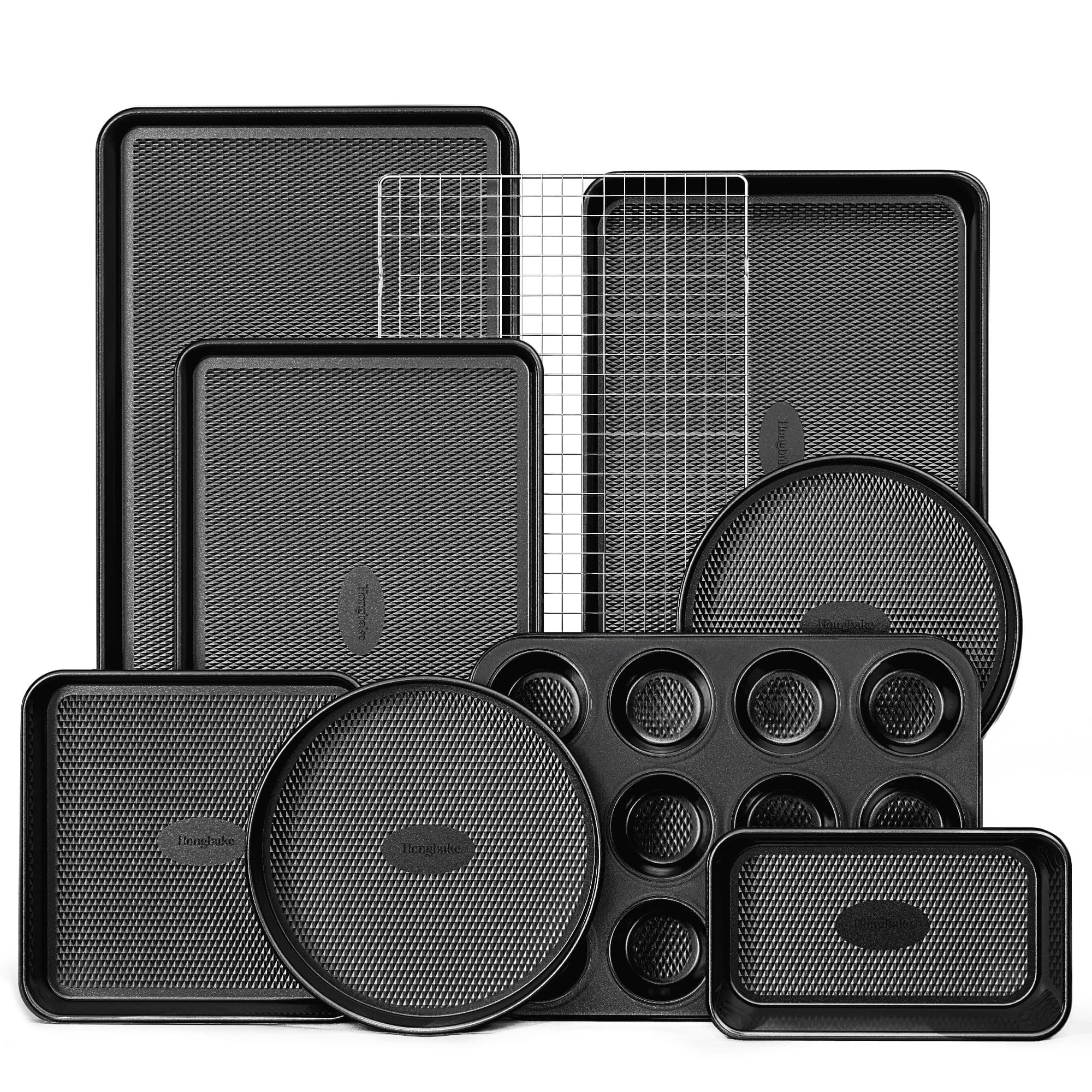 9-Piece Baking Pans Set Nonstick, Stackable Non Toxic Bakeware Sets with Diamond Texture, Oven Pan Set for Cooking, Includes Cookie Sheet with Rack, Cake Pan, Roasting Pan, Muffin Tin, Gray