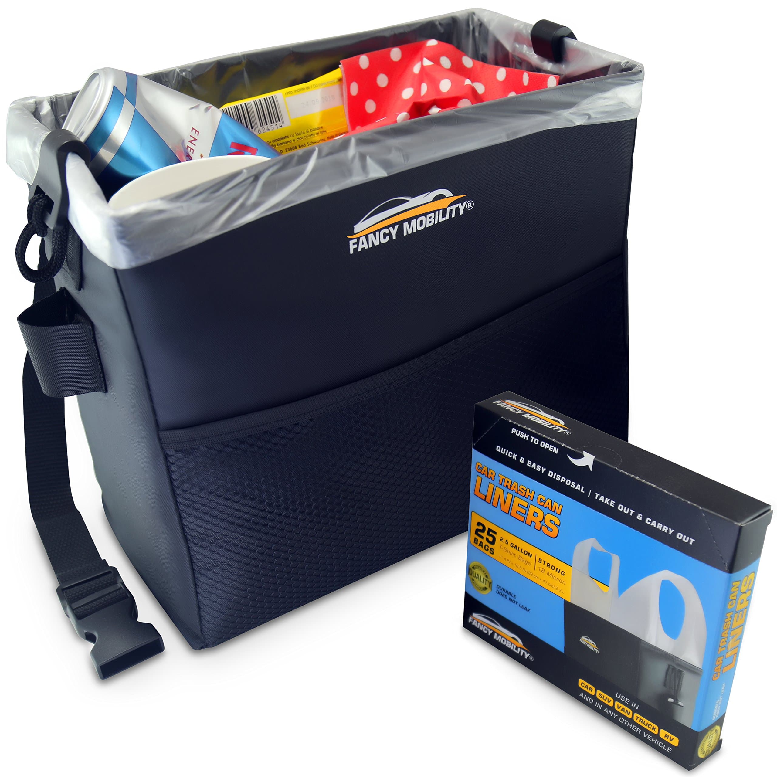 Fancy Mobility Car Trash Can – Auto Accessories Garbage Bag Keeps Car, SUV, Truck Vehicle Interior Clean – Road Trip Essential - Perfect for Every Driver + Dispenser Pack of 25 Liners