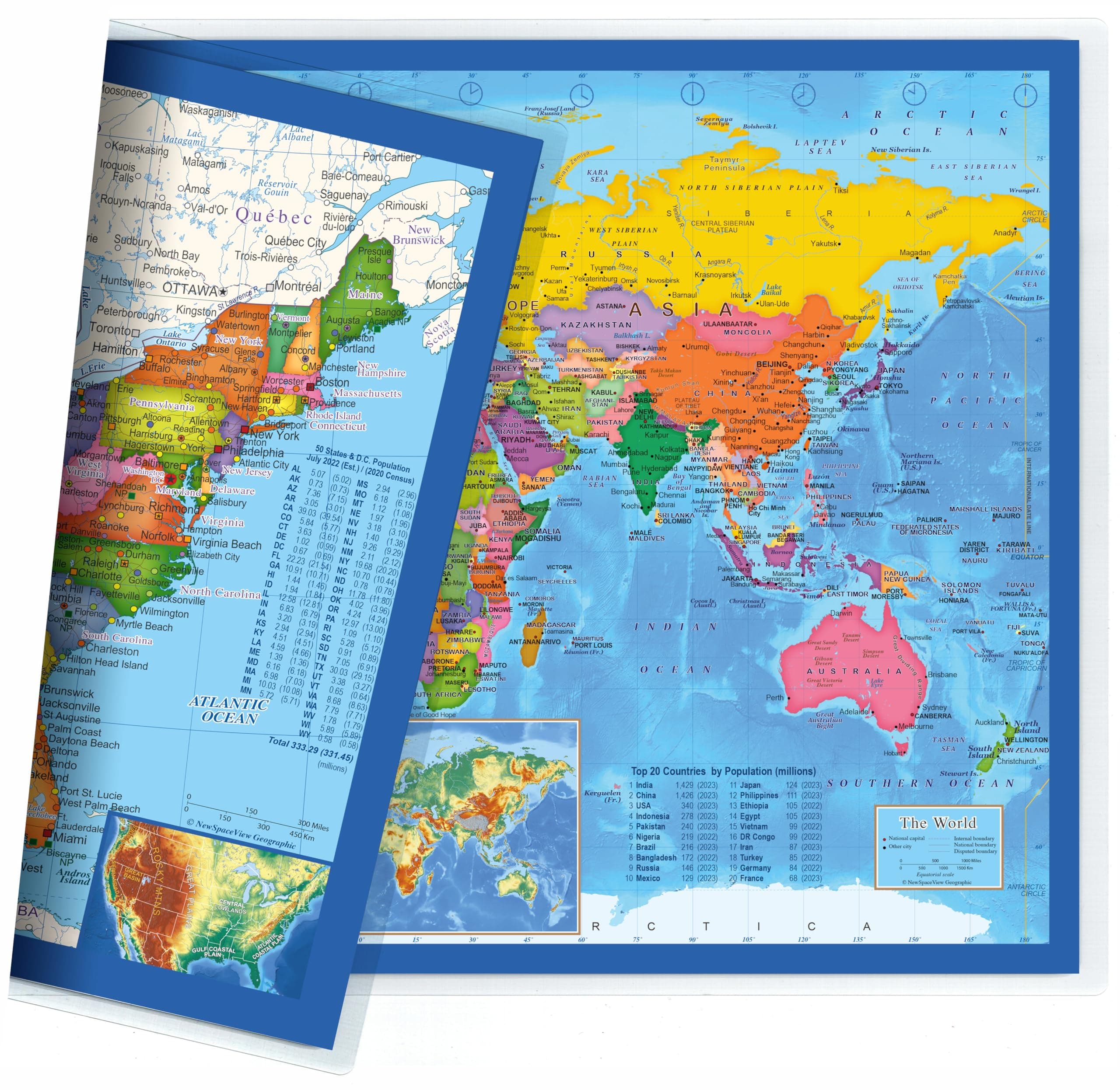 2-Sided Desk Map with Durable Lamination (1 Pack: US/Europe Centered World 17.5 x 11.5 inches)