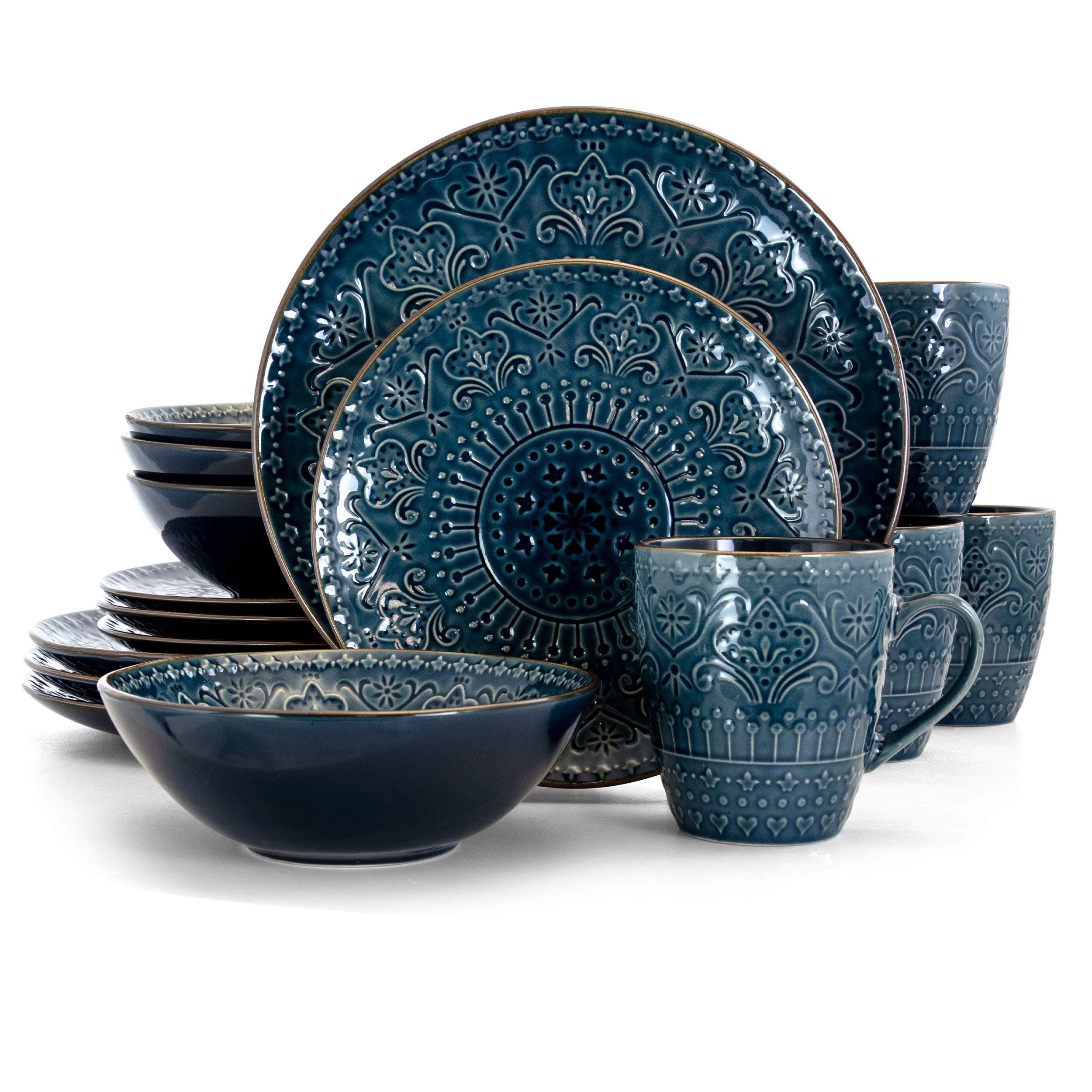 Deep Sea Mozaic 16 Piece Luxurious Stoneware Dinnerware with Complete Setting for 4