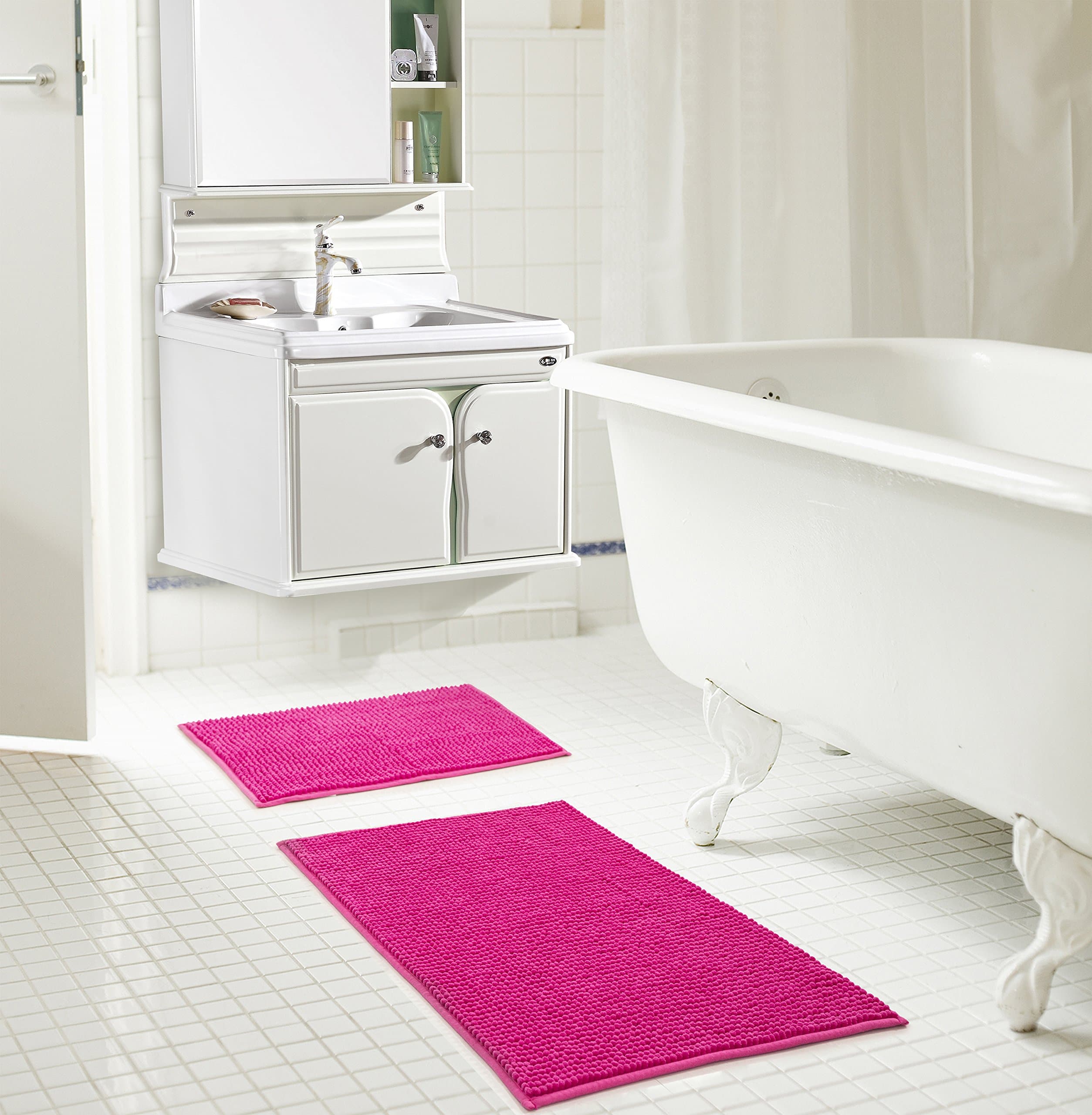 RT Designers Collection Kara Short Pile Chenille 2 Piece Bath Mat Set, 20" x 32"/17" x 24", Fuschia