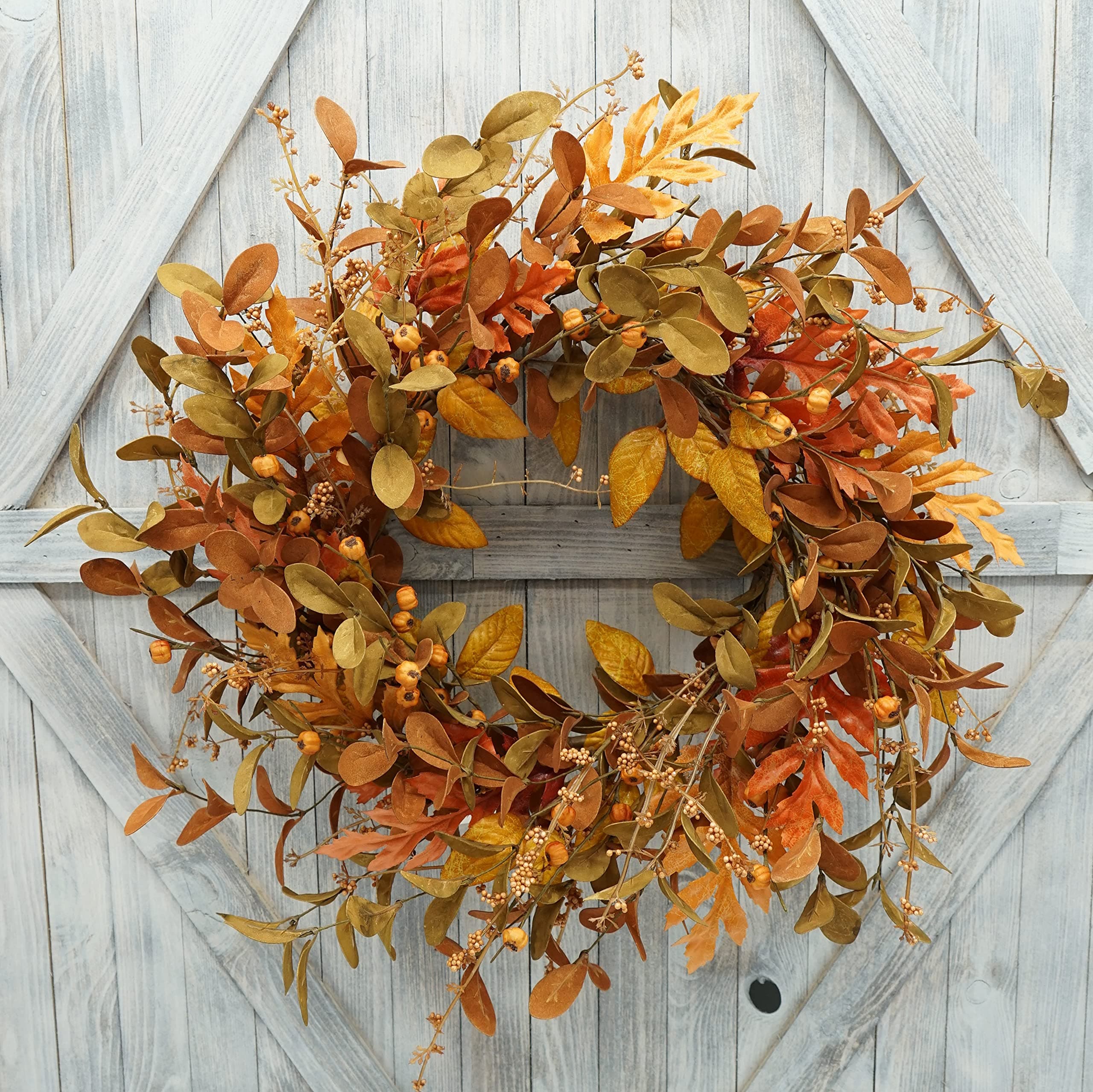Artificial Fall Wreath for Front Door Autumn Wreath with Bright Oak Leaves,Small Pumpkin,Berry Branches,Mixed Leaves for Farmhouse Indoor Outdoor Window Wall Door Decor