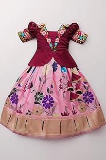 White Button Girls South Indian Pattu Pavadai | Traditional Digital Print Satin Lehenga Choli Set