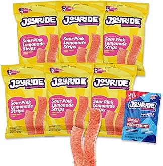 Pink Lemonade Sour Strips - 3.5 oz 6-Pack Bundle with 2.5oz Glacial Peppermint Gum, Low Sugar, Sour Belt Candy, Dye Free, Low Calorie Snacks, Healthy Candy (7 Items)
