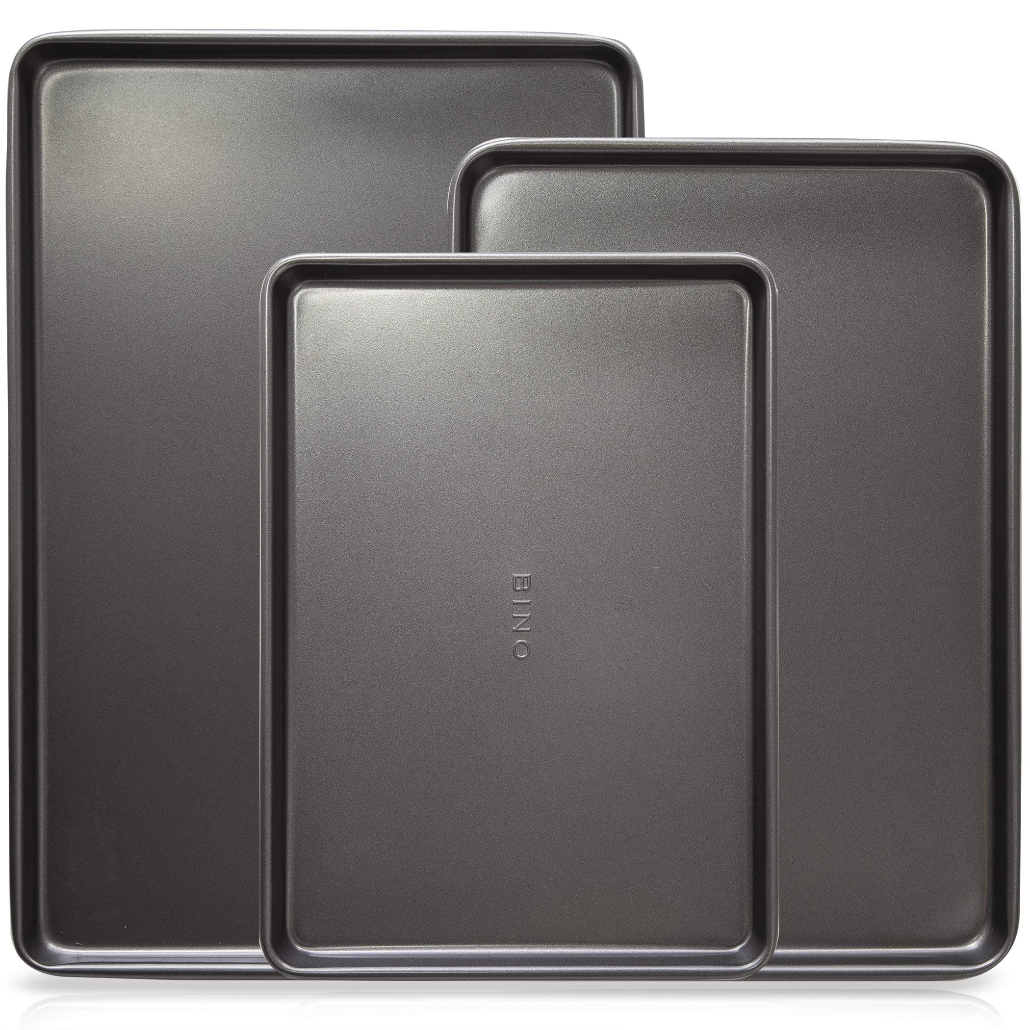 BINO Bakeware Nonstick Cookie Sheet Baking Tray Set, 3-Piece - Gunmetal | Non Stick Baking Pans Set | Carbon Steel Tray Bakeware Sets | Oven Safe | Cookie Sheet Pans | Food-Safe