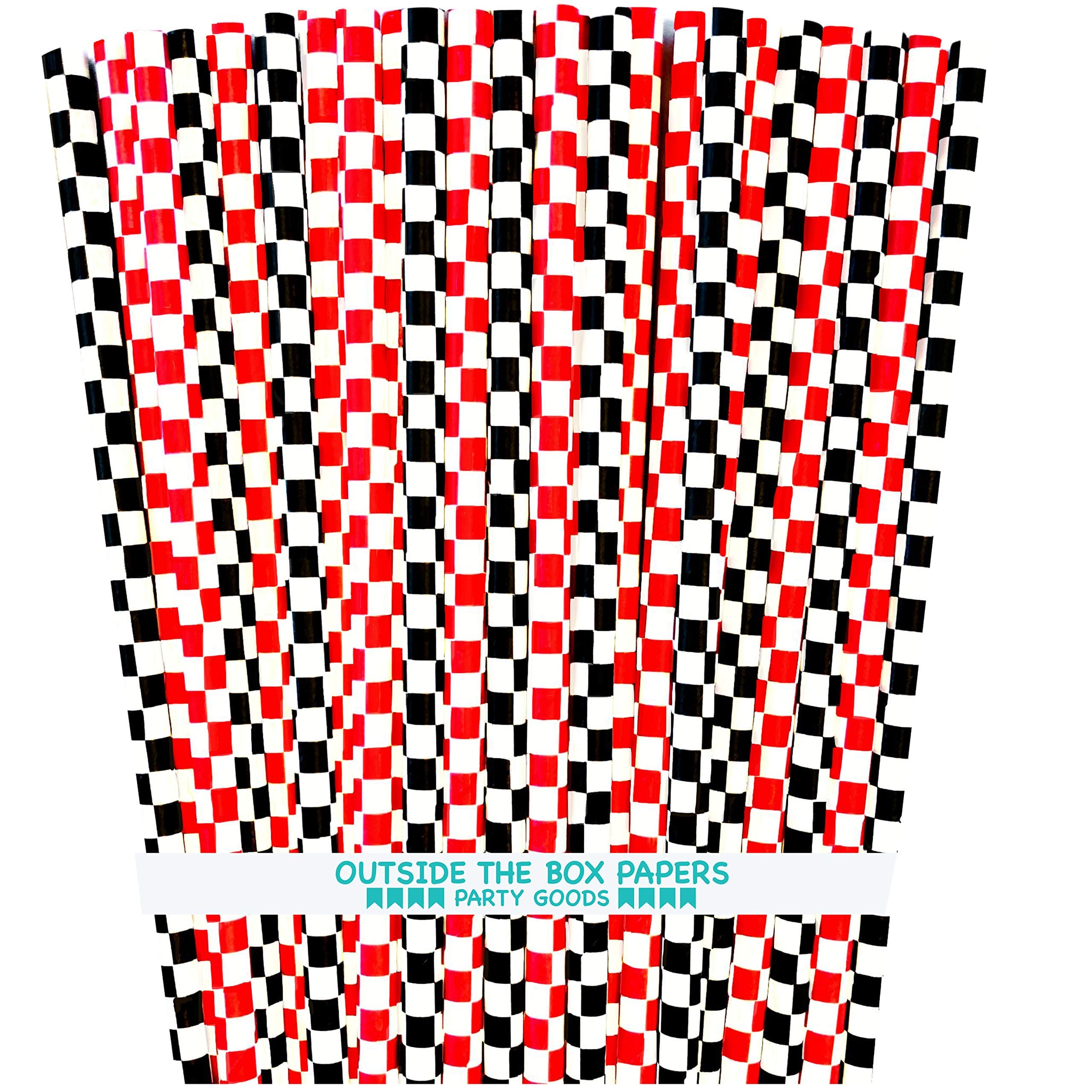 Checkered Paper Straws - Black White and Red - 100 Pack