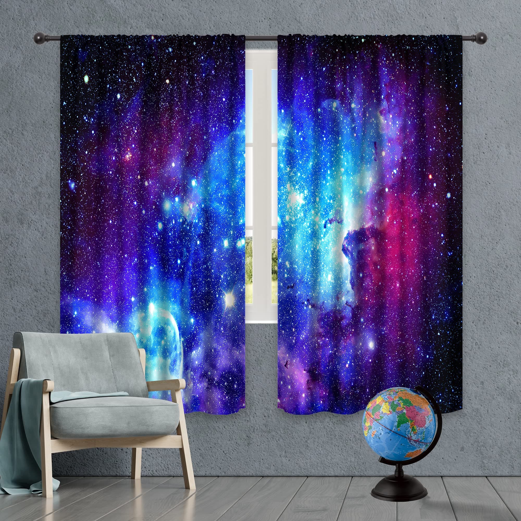 Riyidecor Galaxy Outer Space Nebula Curtains (2 Panels 42 x 63 Inch) Blue Rod Pocket Universe Planets Boys Fantasy Starry Black Art Printed Living Room Bedroom Window Drapes Treatment Fabric WW-CLLE