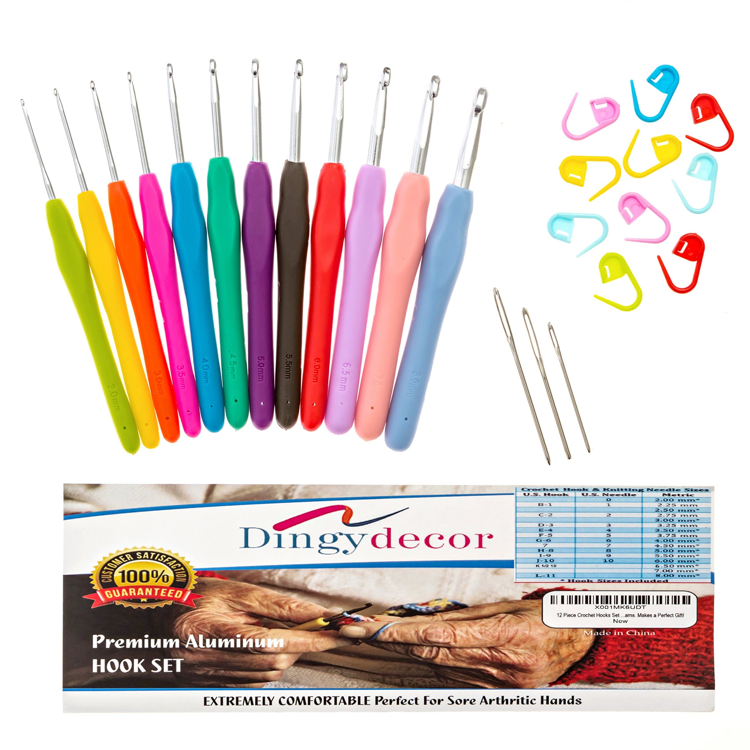 Assorted 12 Piece Crochet Hook Set Ergonomic Soft Comfort Handles for Arthritic Hands. Crochet Hooks Set with Improved Non-Slip Soft Comfort Handles, Great for Bulky Yarns. Makes a Perfect Gift!