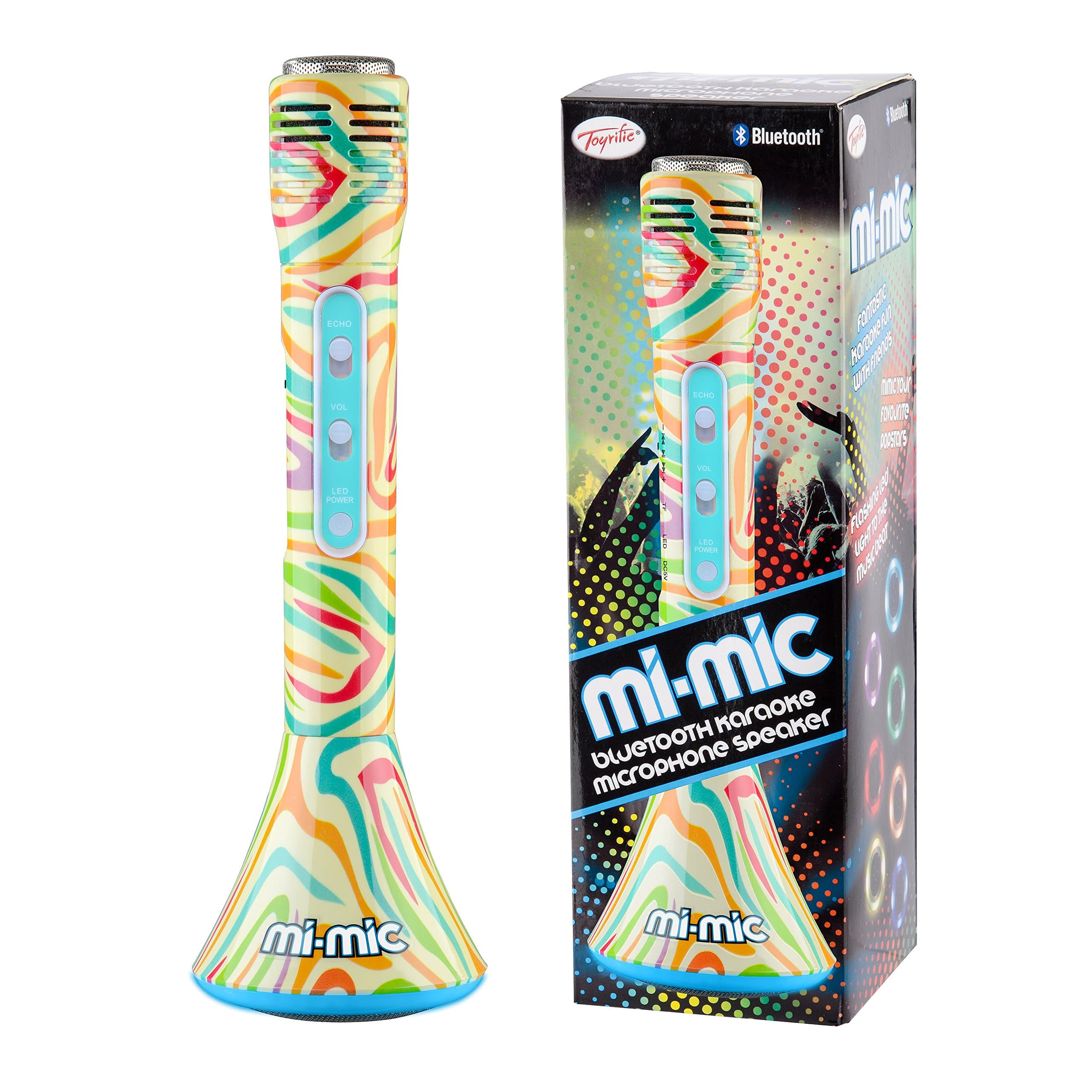 Mi-Mic Kids Karaoke Microphone Speaker with Wireless Bluetooth and LED Lights, Zebra