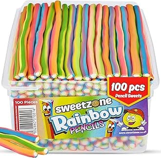 Sweetzone Rainbow Pencils, Retro Sweets Tub, Candy Sticks, 100 pcs, Halal Sweet, Sweets Bulk, Gummy American Candies, UK British Candy Enthusiasts