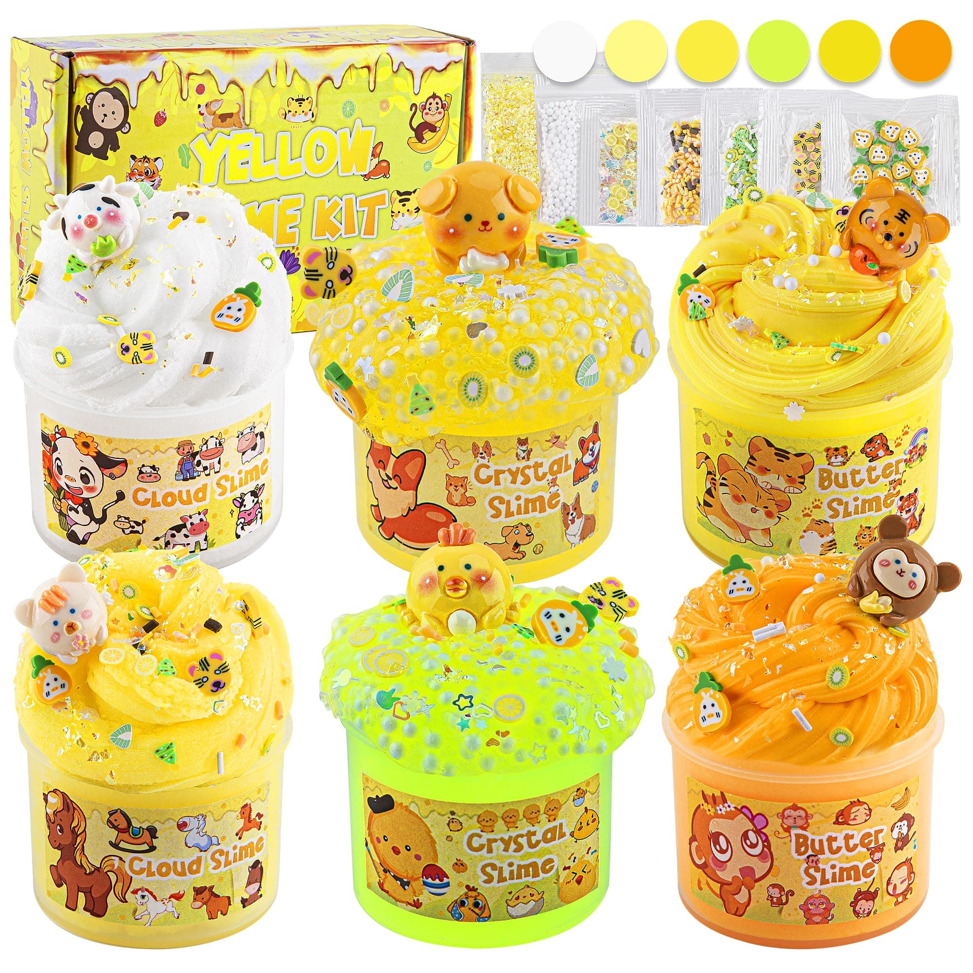 LAWOHO 6 Packs Gradient Yellow Slime Kit - Clear, Butter, Cloud Slimes, Fluffy Slimes for Kids with Charms & Animal Add-ins, Party Favors for Girls & Boys, 360ml Non Stick Slime Making Kit for Kids
