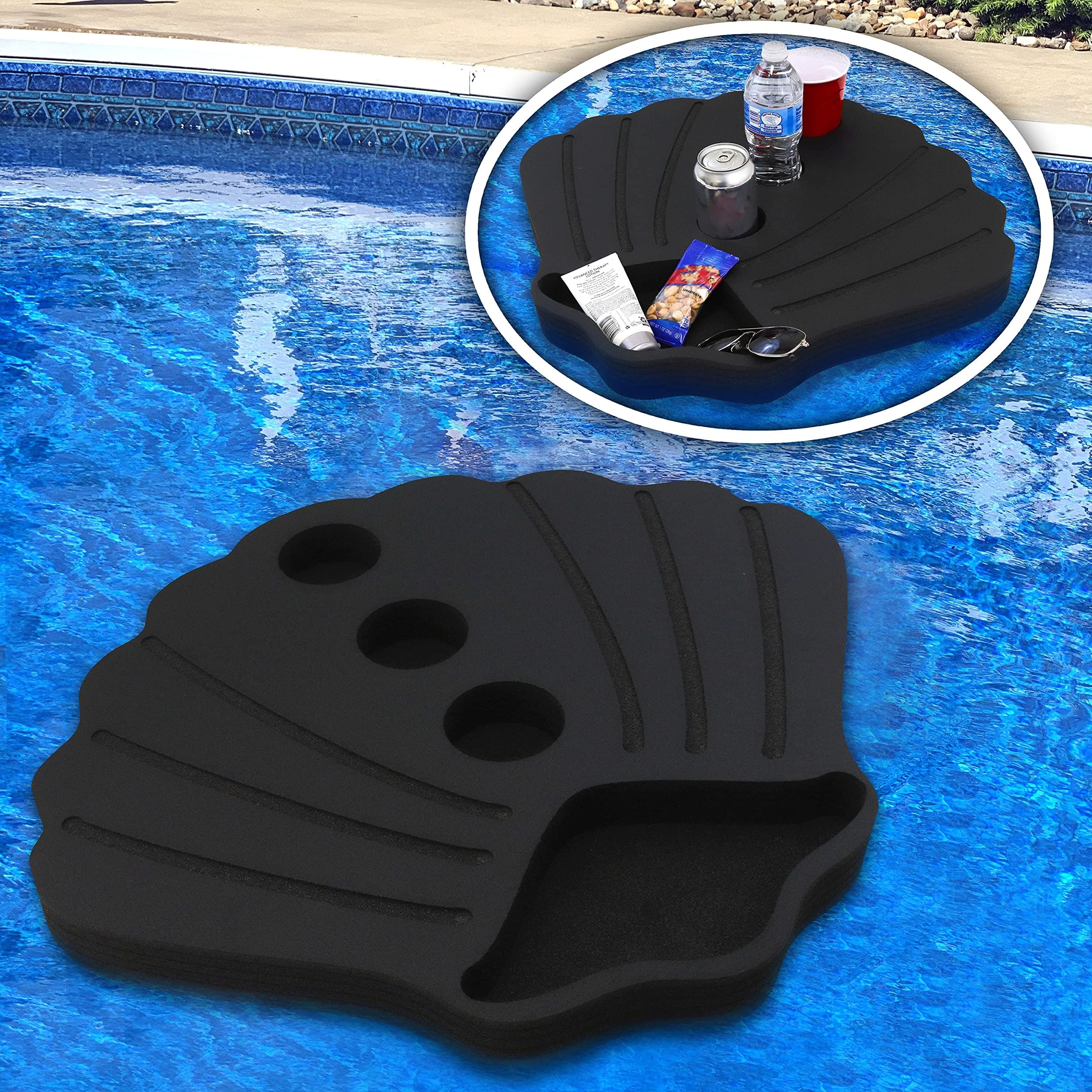 Polar Whale Floating Scallop Shell Drink Holder Refreshment Table Tray for Pool or Beach Party Float Lounge Durable Black Foam 4 Compartment UV Resistant with Cup Holders 2 Feet