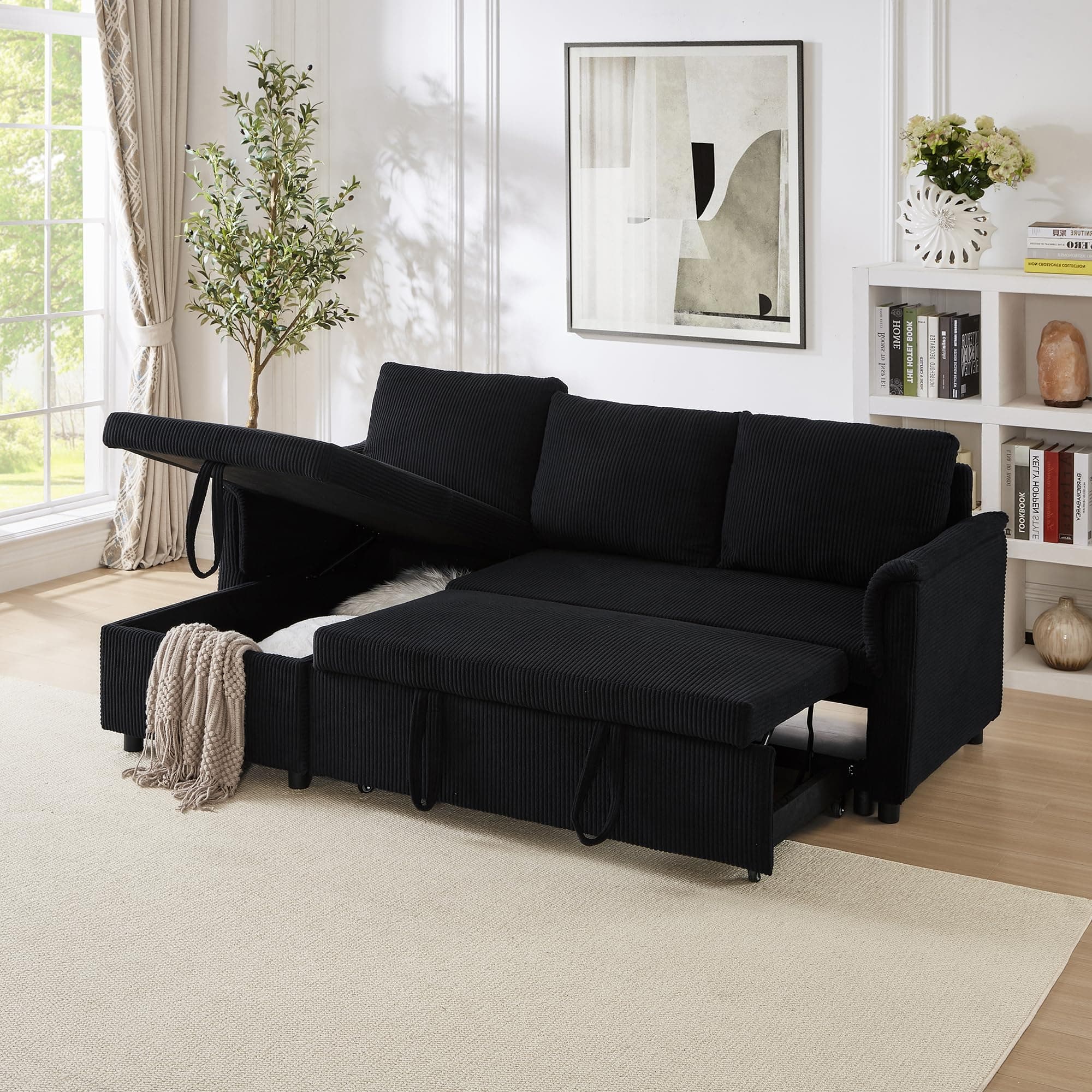 Ball & Cast L-Shape Reversible Sectional Sleeper Sofa Bed 4 in 1 Pull Out Couch with Storage Chaise&Removable Backrest,Convertible Sleeper Corner Couch Pull-Out Sofa Bed for Living Room,Corduroy,Black