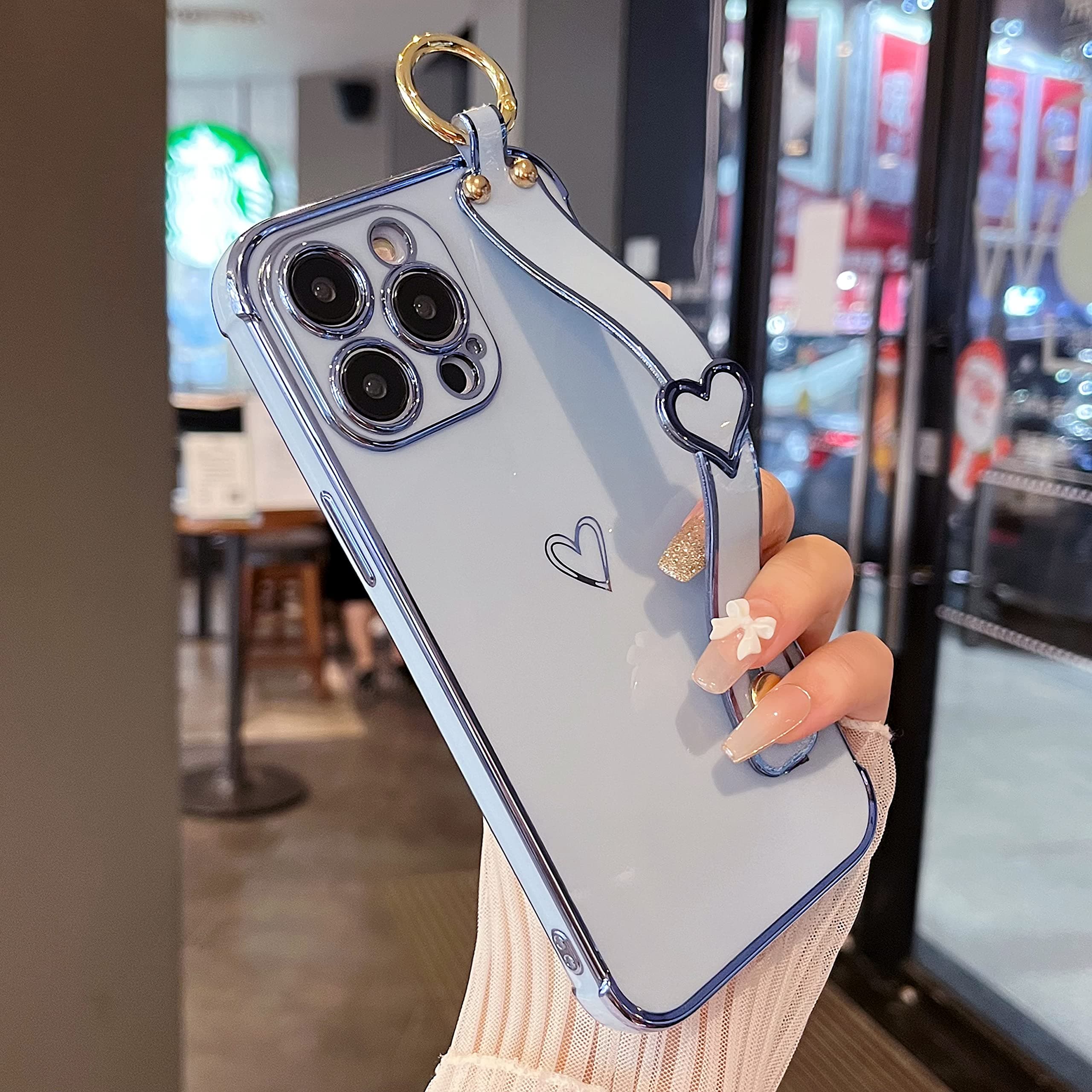 ZTOFERACompatible with iPhone 14 Pro Max Case with Wrist Strap, Flexible Silicone Protective Phone Case with Cute Heart Pattern Hand Strap Stand Finger Holder Wristband Shockproof Cover, Sierra Blue