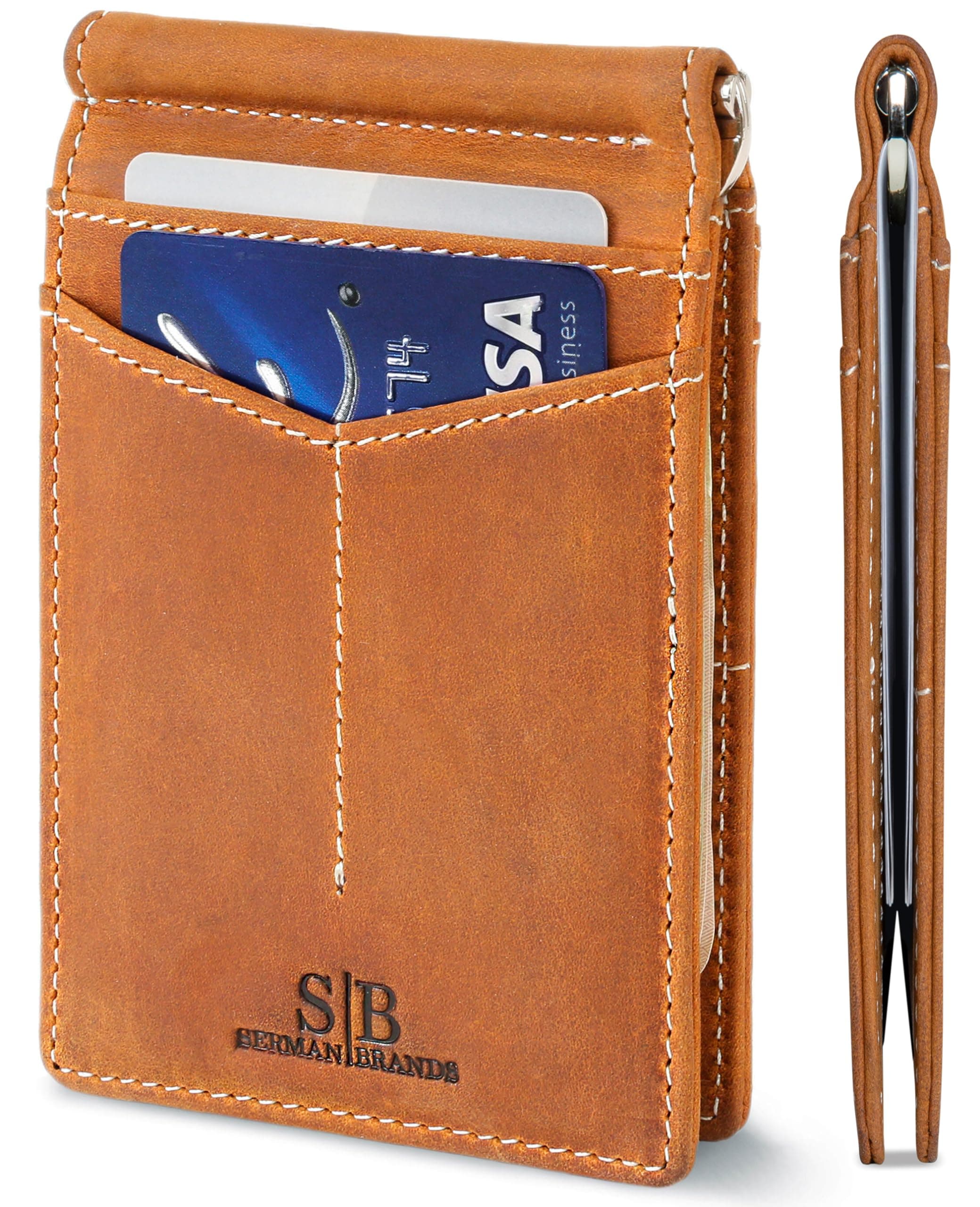 SERMAN Brands RFID Blocking Wallet Slim Bifold - Genuine Leather Minimalist Front Pocket Wallets for Men with Money Clip, California Desert Rogue