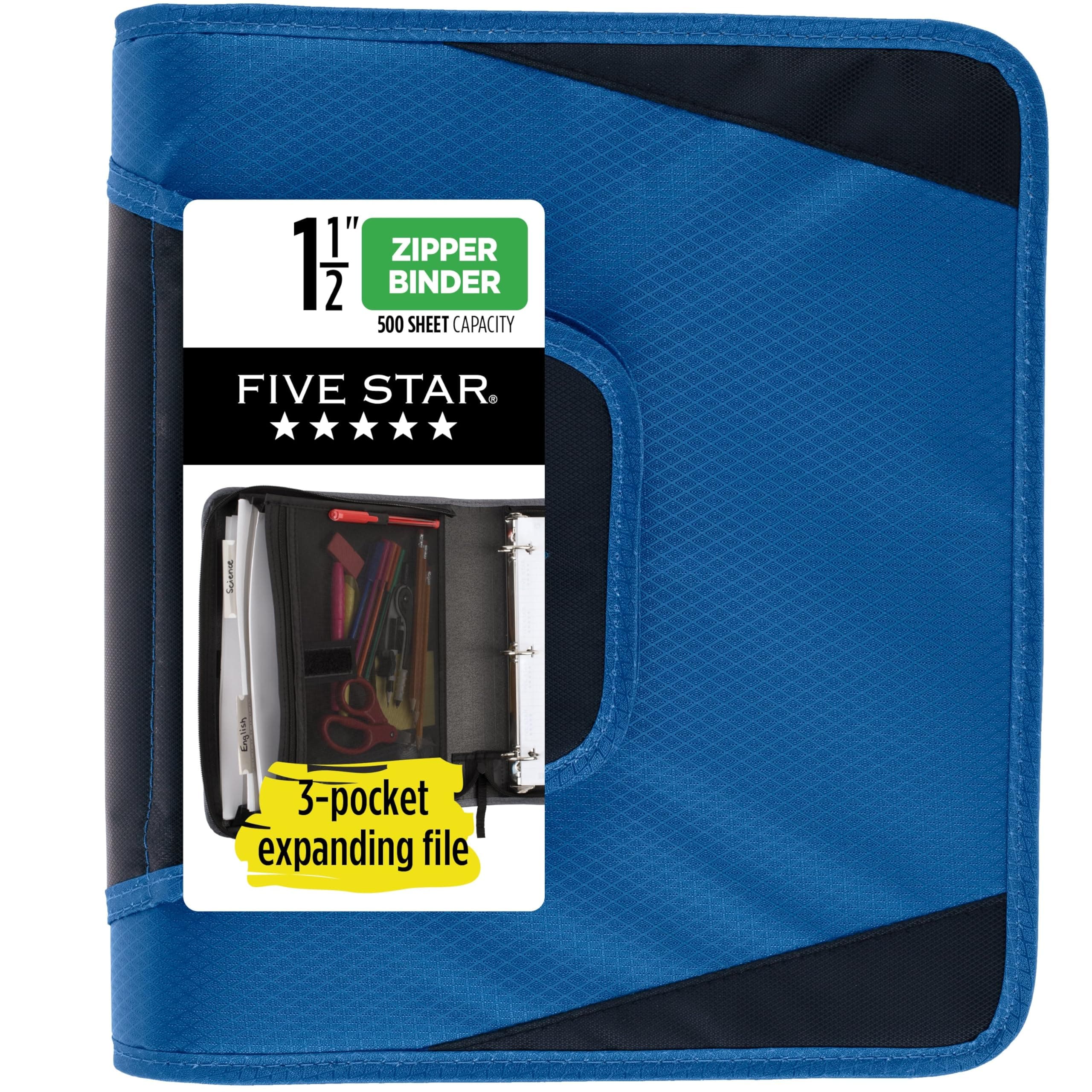 Zipper Binder, 1.5 Inch 3-Ring Binder for School, 3 Pocket Expanding File, 500 Sheet Capacity, Blue (72202)