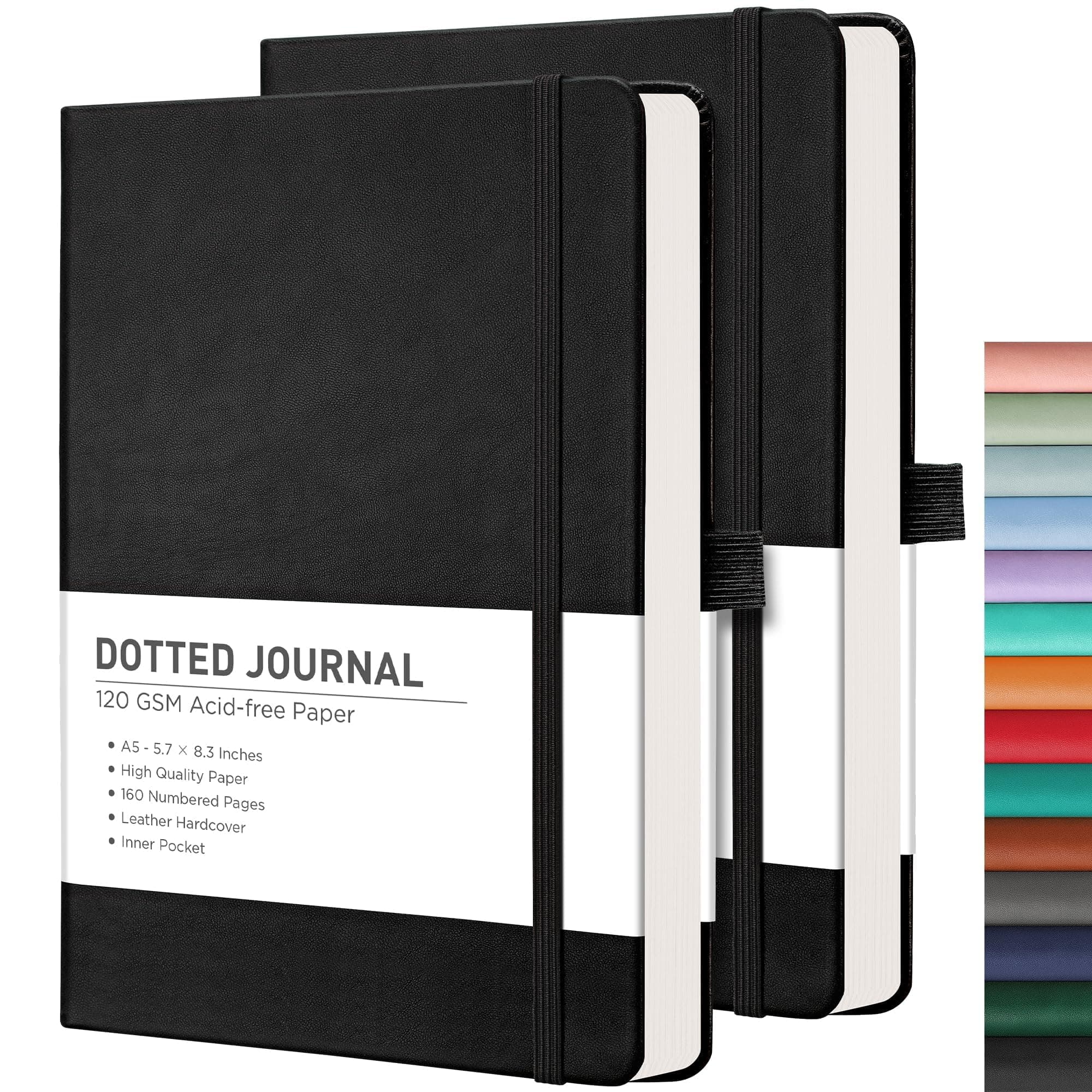 RETTACY Bullet Dotted Journal 2 Pack - A5 Dotted Grid Journal Notebook with 160 Numbered Pages per Pack, 120 GSM Acid-Free Paper, Leather Hardcover, Inner Pocket, 5.7'' × 8.3'' (Black & Black)