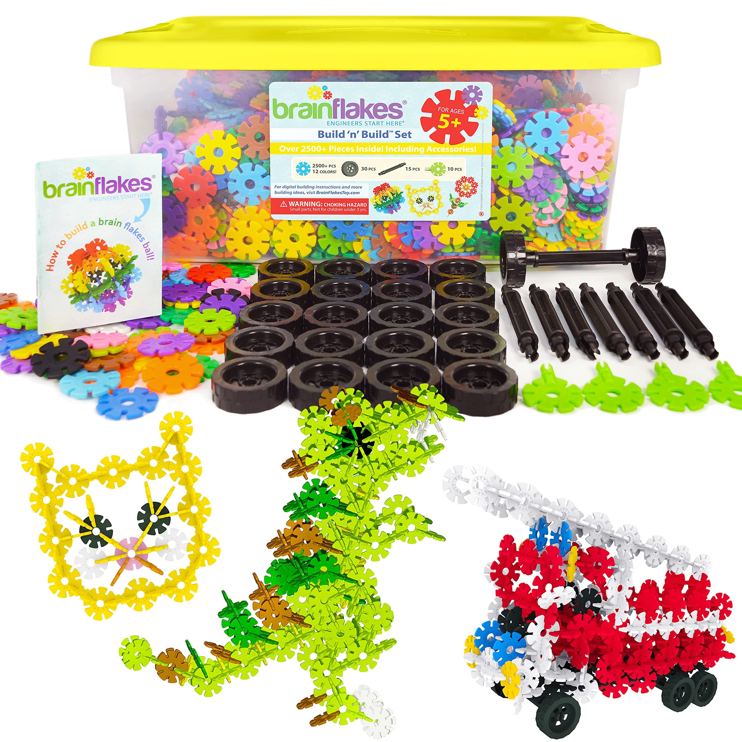 Brain Flakes 2500 Piece Build 'n' Build Kit - A Creative and Educational Alternative to Building Blocks - Wheel Pieces and Special Parts Included - A Great Stem Toy for Both Boys and Girls