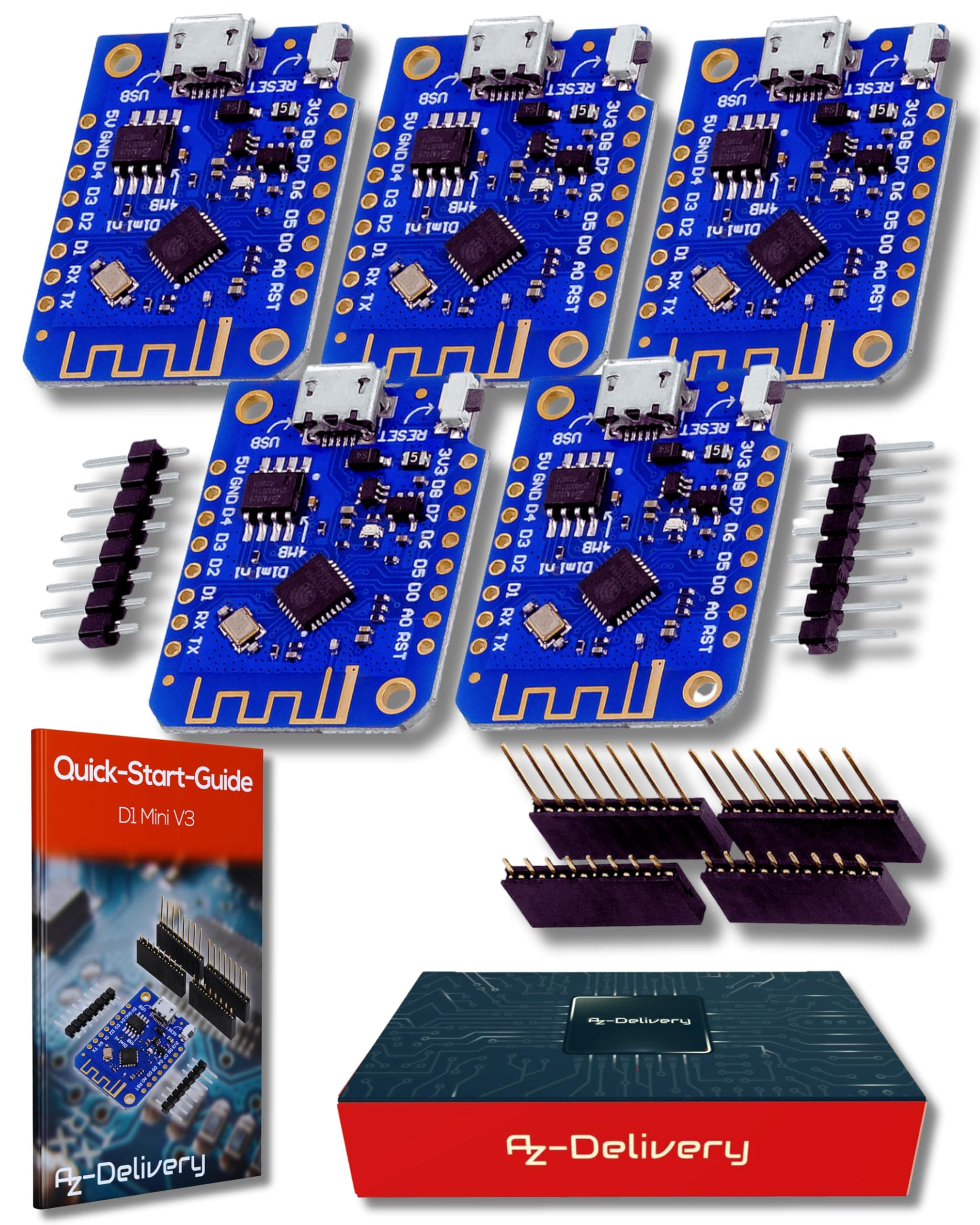 D1 Mini V3 NodeMCU ESP-8266 Micro USB WLAN Development Board CH340 4MB Flash ESP8266EX Compatible with Micropython Wemos & Arduino Including E-Book! (Pack of 5)