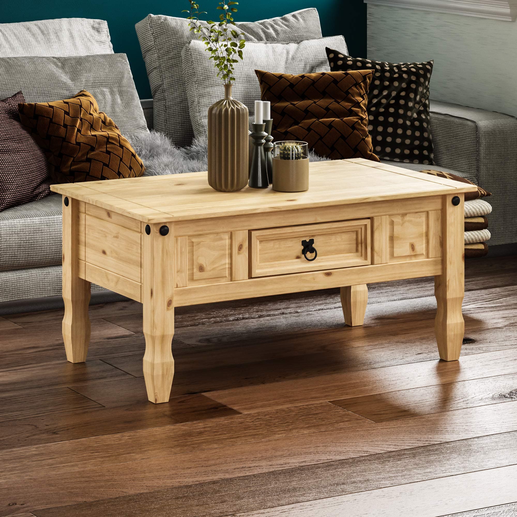 Coffee Table with Drawer, Rectangular, Waxed Solid Pine Wood, Traditional, Rustic, 56 x 94 x 45