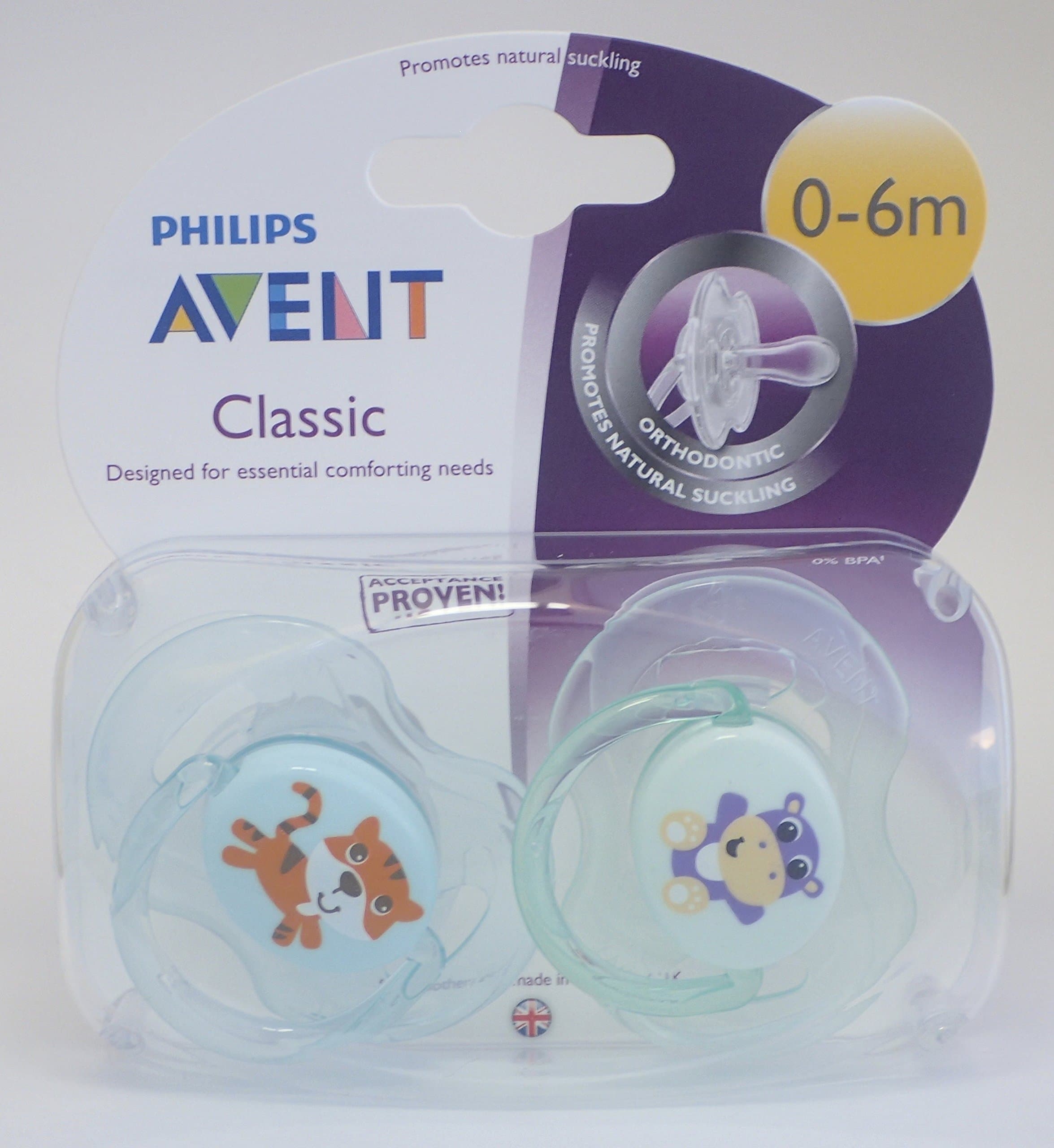 Philips Avent Classic Soother Twin Pack 0-6m (Tiger/Monkey)