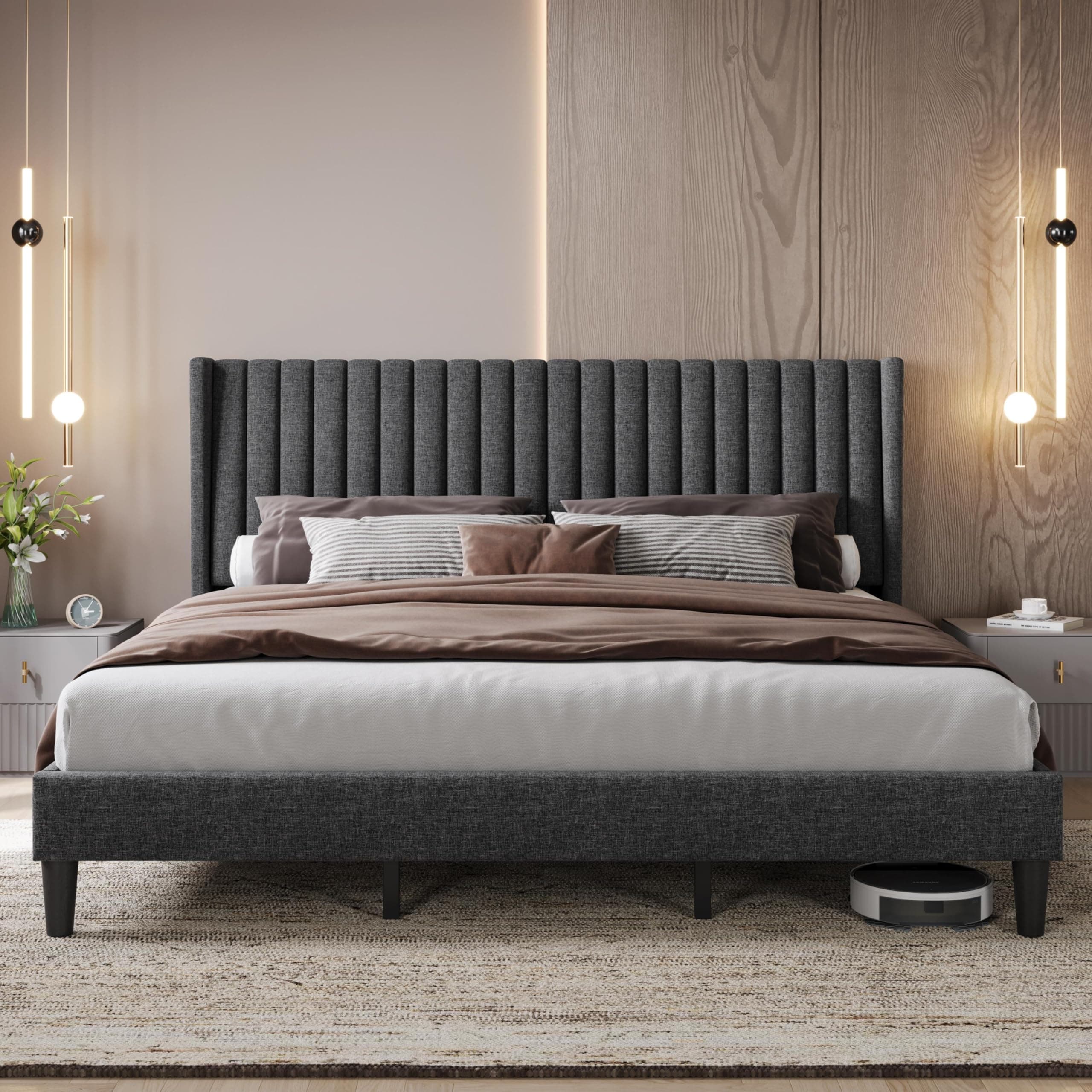 Yaheetech King Bed Frame Upholstered Platform Bed with Fabric Headboard, Wing Edge Design/Non-Slip and Noise-Free/Wooden Slats Support/No Box Spring Needed/Easy Assembly, Dark Gray King Bed