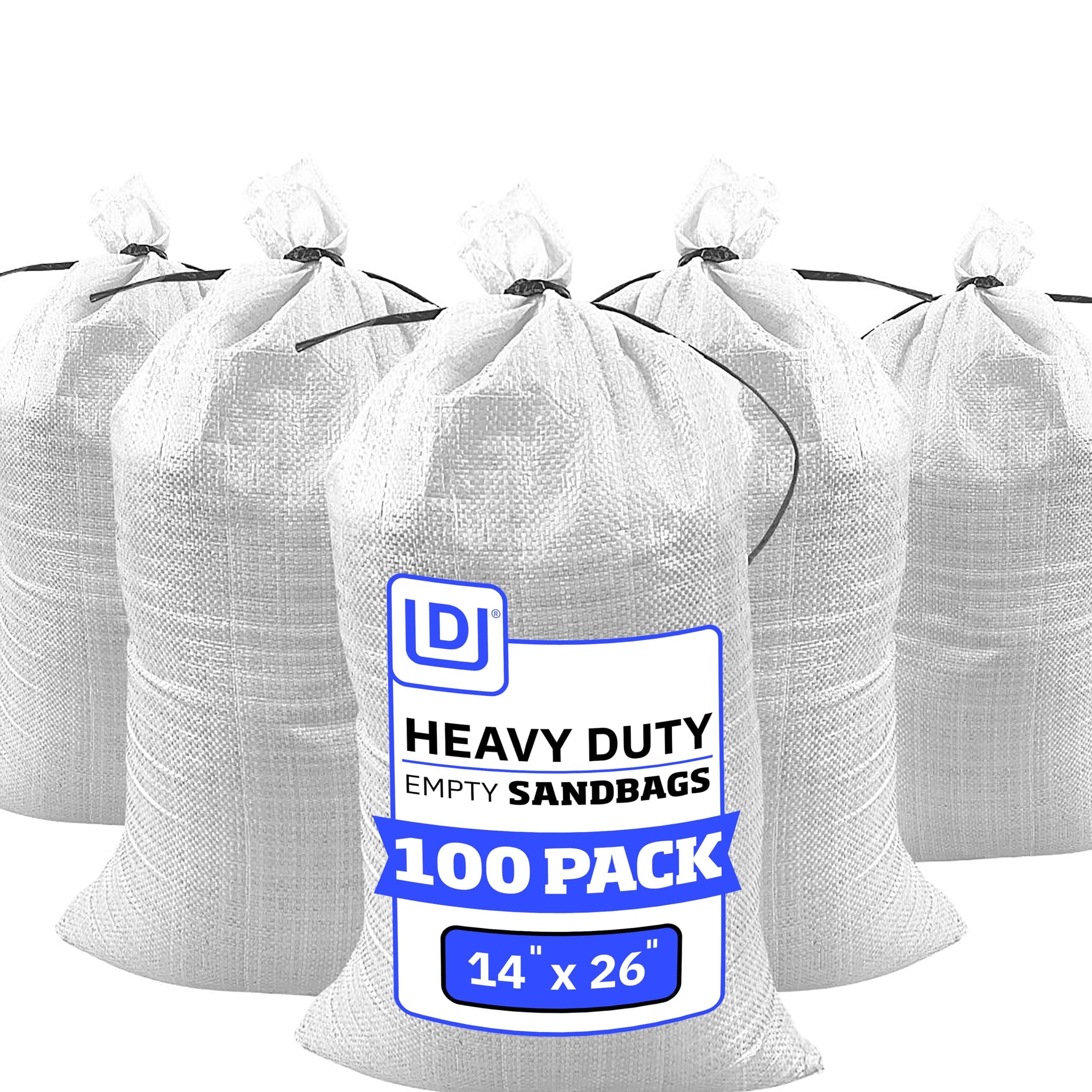 DURASACK Heavy Duty Sand Bags with Tie Strings Empty Woven Polypropylene Sand-Bags with 1600 Hours of UV Protection, 14x26 inches, White, Pack of 100