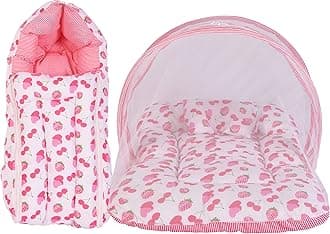 Babloo Baby Bed New Born Baby Bedding Set | Mosquito Net | Sleeping Bag | Mattress | Carry Bag | Essentials Combo | Cotton | Infants | Boys & Girls | Beds | Cot Mattresses (0-6 Months) Pink