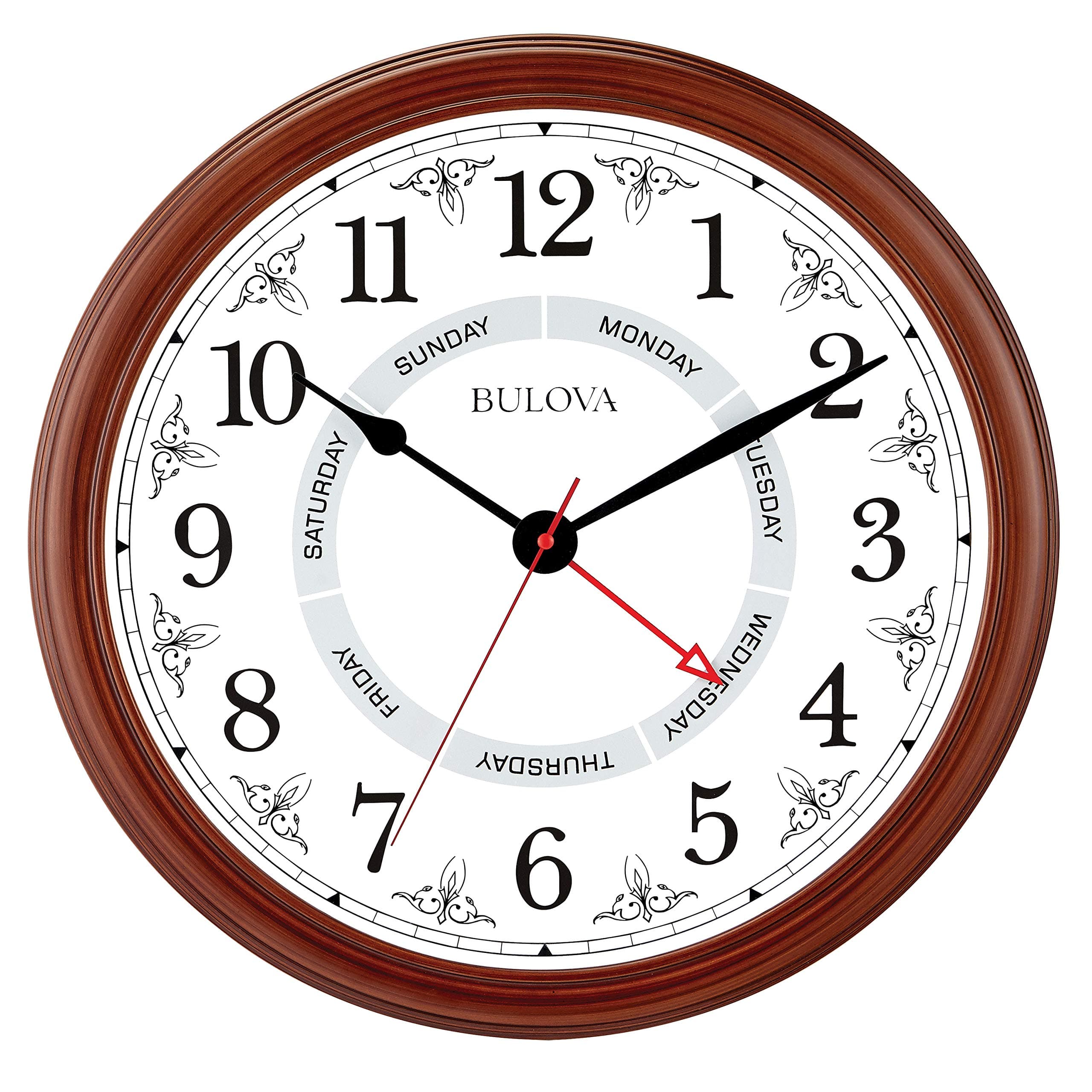Bulova Daily Wall Clock, Model C4804 | Brown Cherry Finish | Modern Design | Large Easy-to-Read Numerals | Quartz Movement | Battery Operated