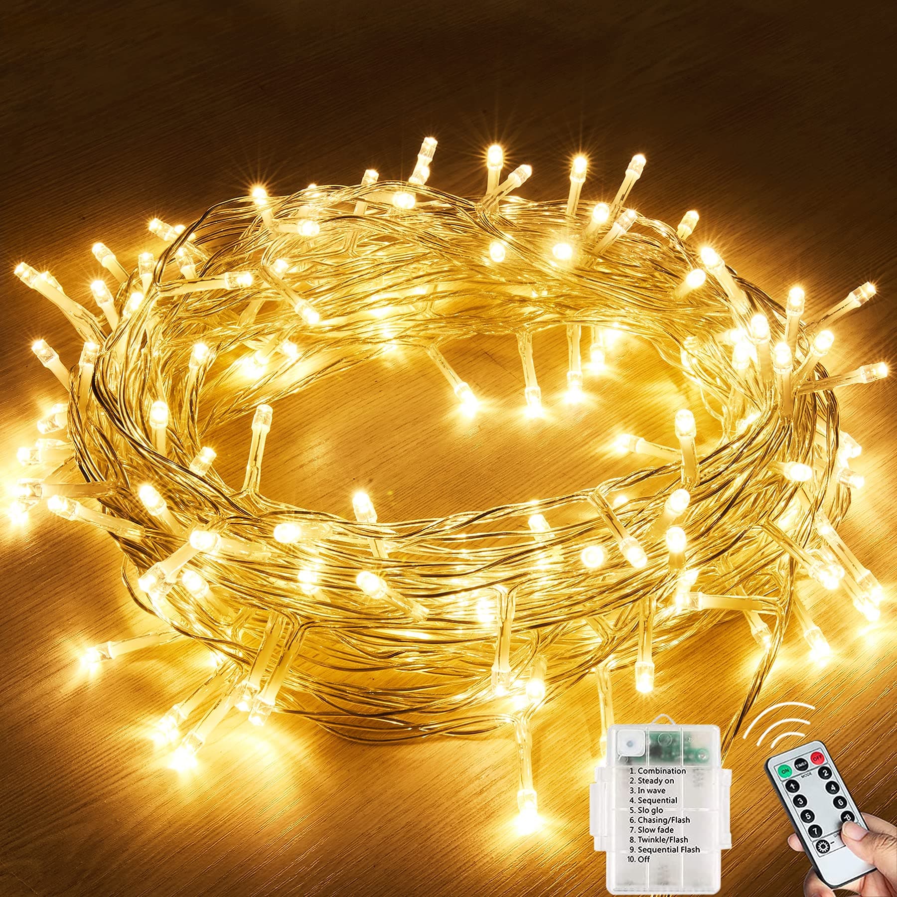 LezonicFairy Lights Waterproof, 120LED 13M/42Ft 8 Mode String Lights Battery, Garden Lights Outdoor/Indoor with Remote Control for Bedroom, Party, Wedding, Christmas Decorations(Warm White)