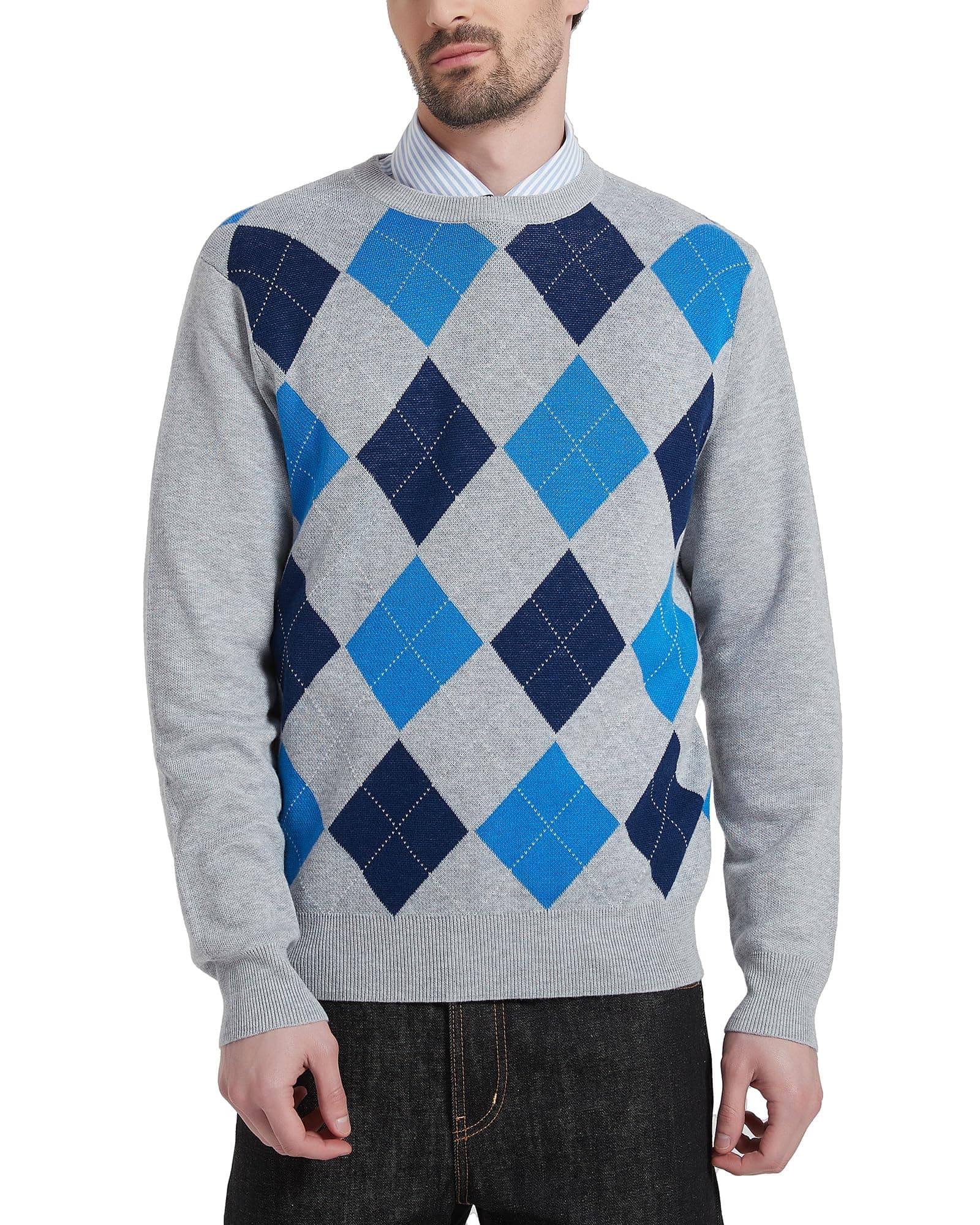 Men's Wool Blend Crewneck Sweater Argyle Long Sleeve Pullover Sweater for Casual Or Dressy Wear