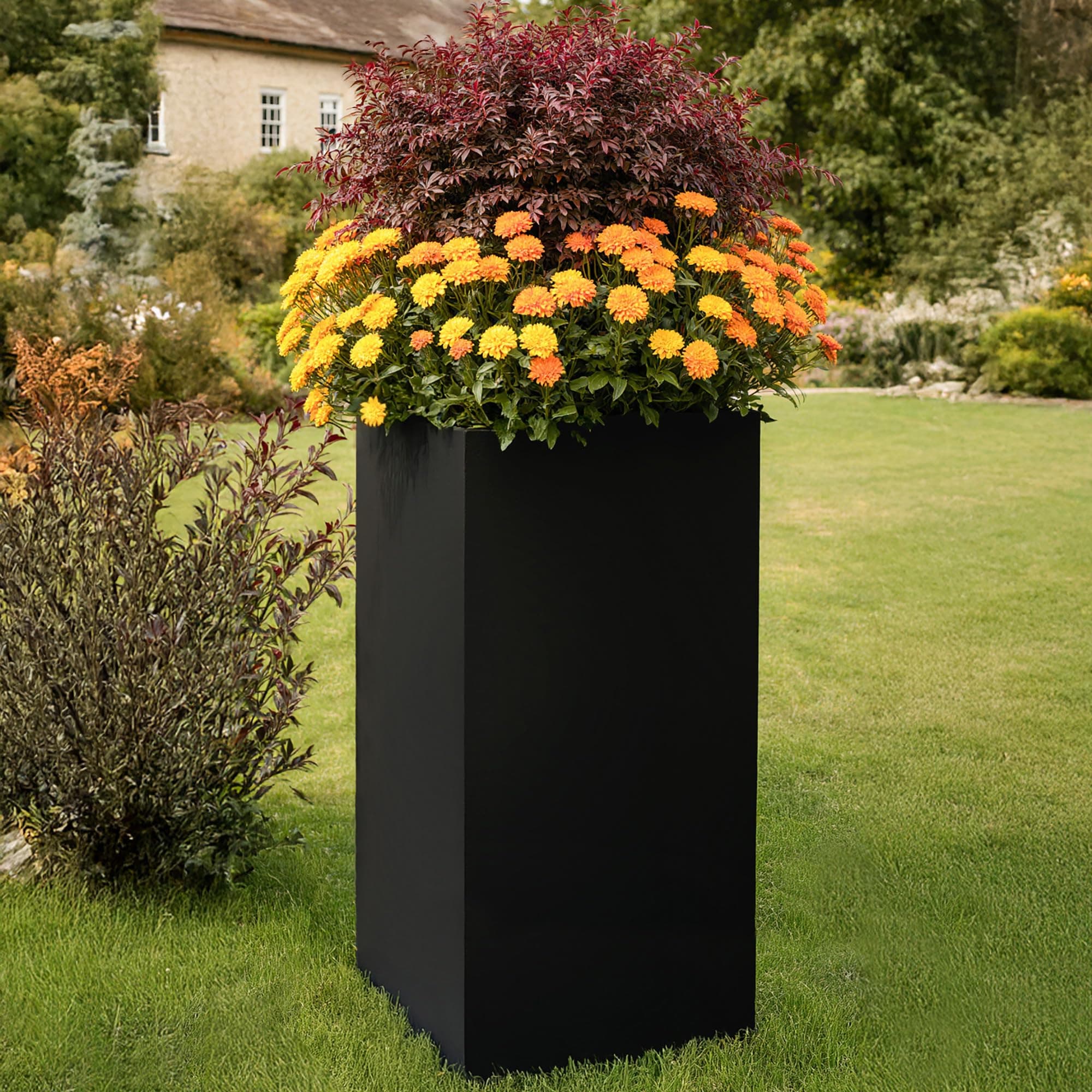 IDEALIST Extra Large 80cm Tall Square Planters with Drainage Holes | Black Reinforced Stone Tall Planter L40.5 W40.5 H80.5 cm, 92 litres