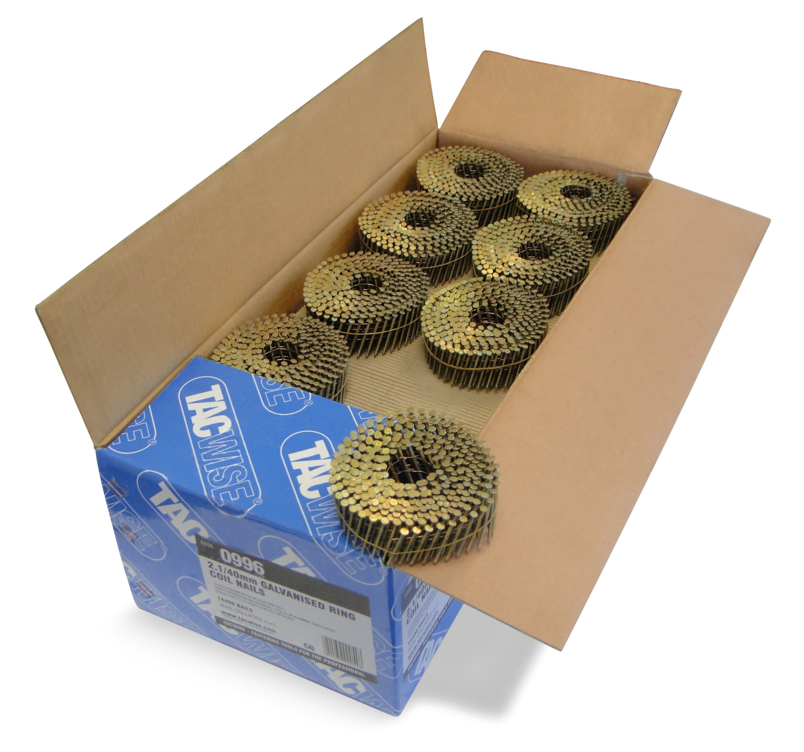 Tacwise 0996 Galvanised Flat Top Coil Nails Type 2.1 x 40 mm, Diamond Point, Ring Shank, 16° Inclined, Wire Collated, Pack of 14,400