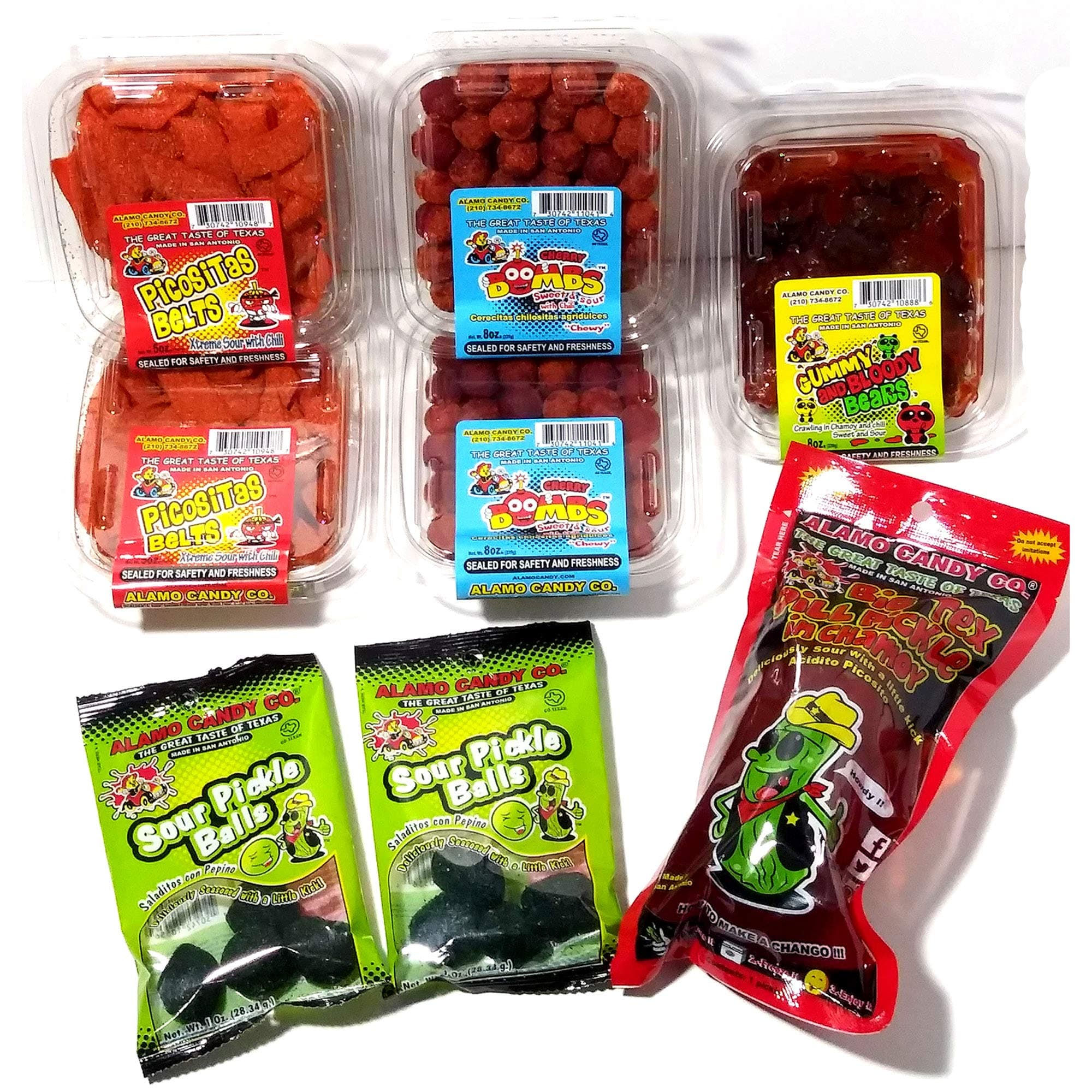 Alamo Candy Variety Candy Pack - Mexican Candy Mix (8 Count) - Gummy Bears In Chamoy and Chili, Cherry Bombs With Chili, Big Tex Dill Pickle In Chamoy, Sour Chewy Chili Belts, and Sour Pickle Balls