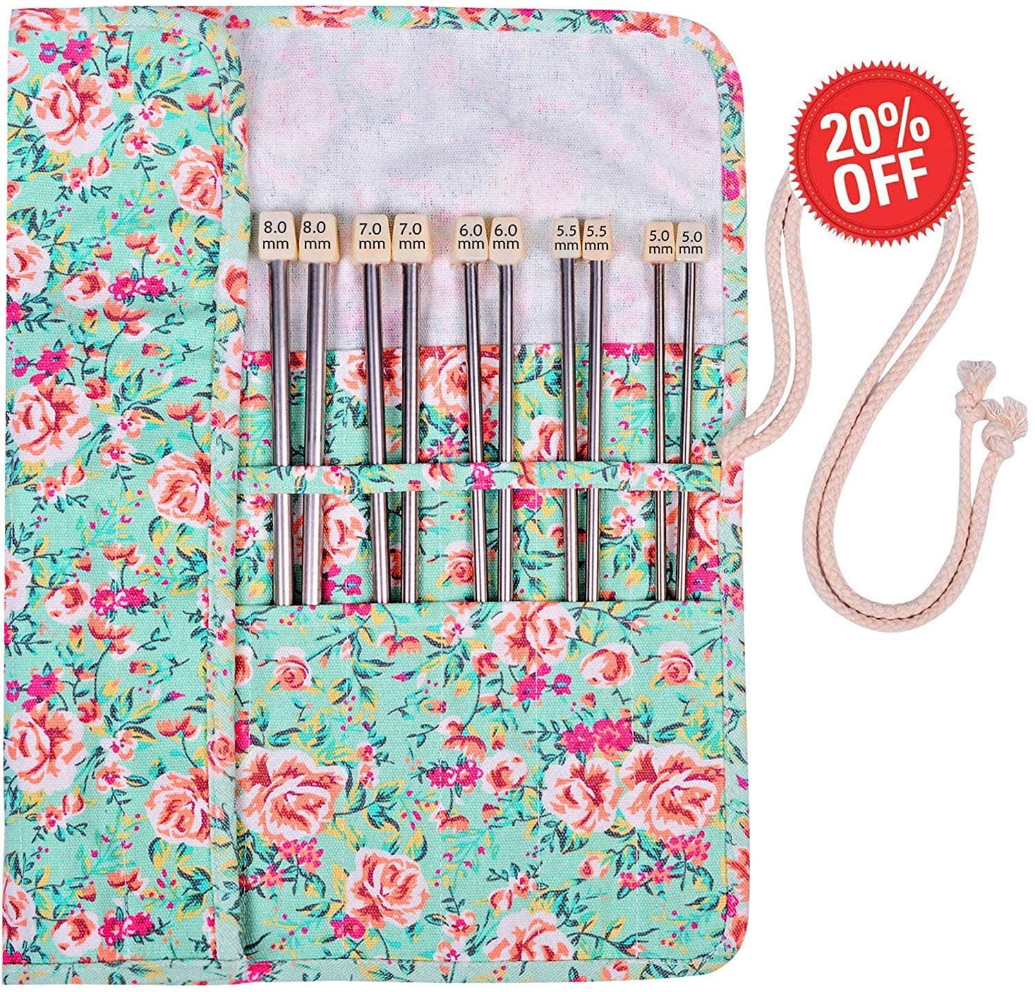 Knitting Needle Set, 22PCS 2mm(B)-8mm(L) Straight Single Pointed Stainless Steel Sweater Needles set(11Pair-11 Size, 9.9 inches)with Knitting Bag