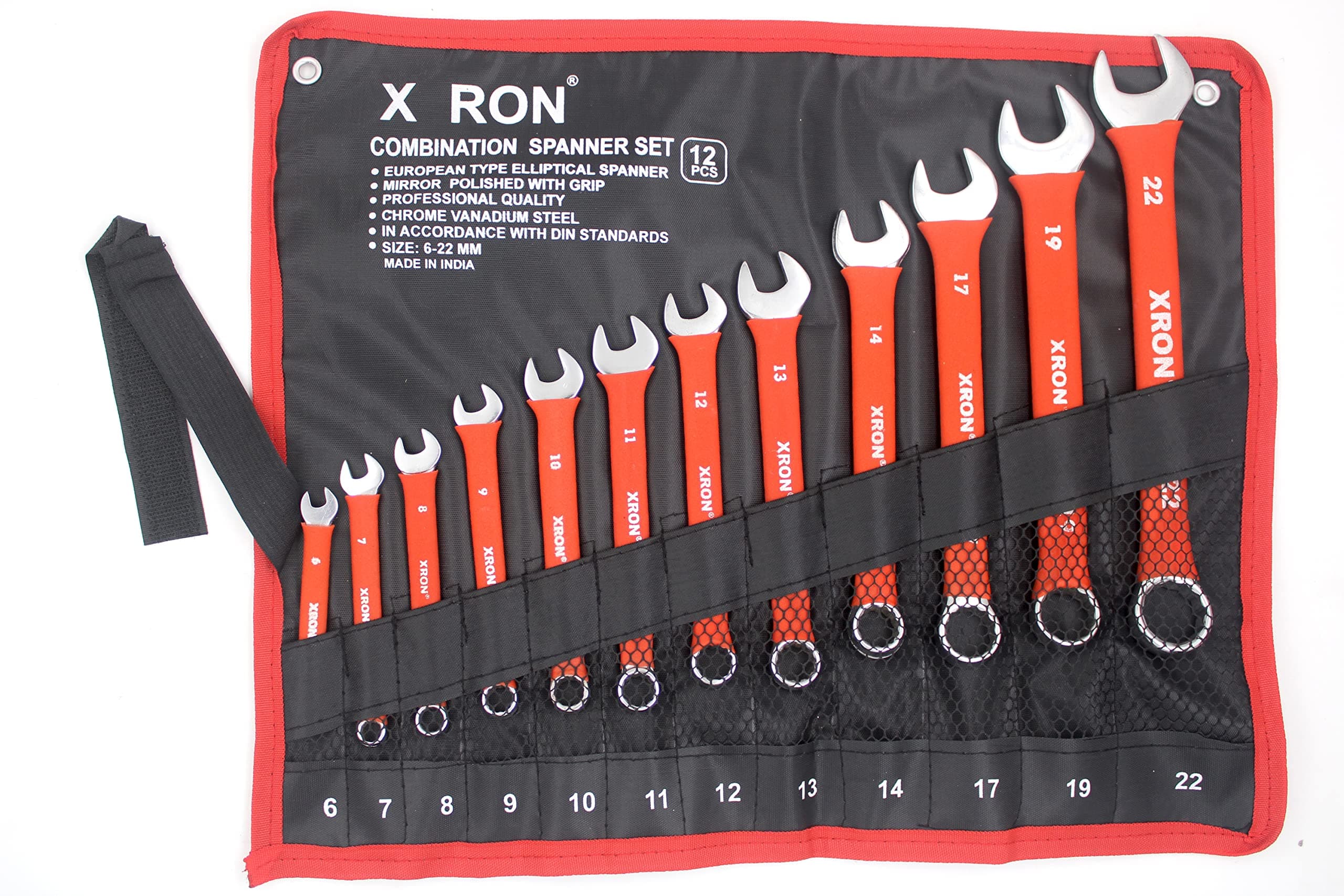 Combination Spanner Wrench Set, Combination Spanner Set 6mm To 22 mm,12-Piece,Chrome Vanadium Steel, with Rolling Pouch,Red Color (With Bag)