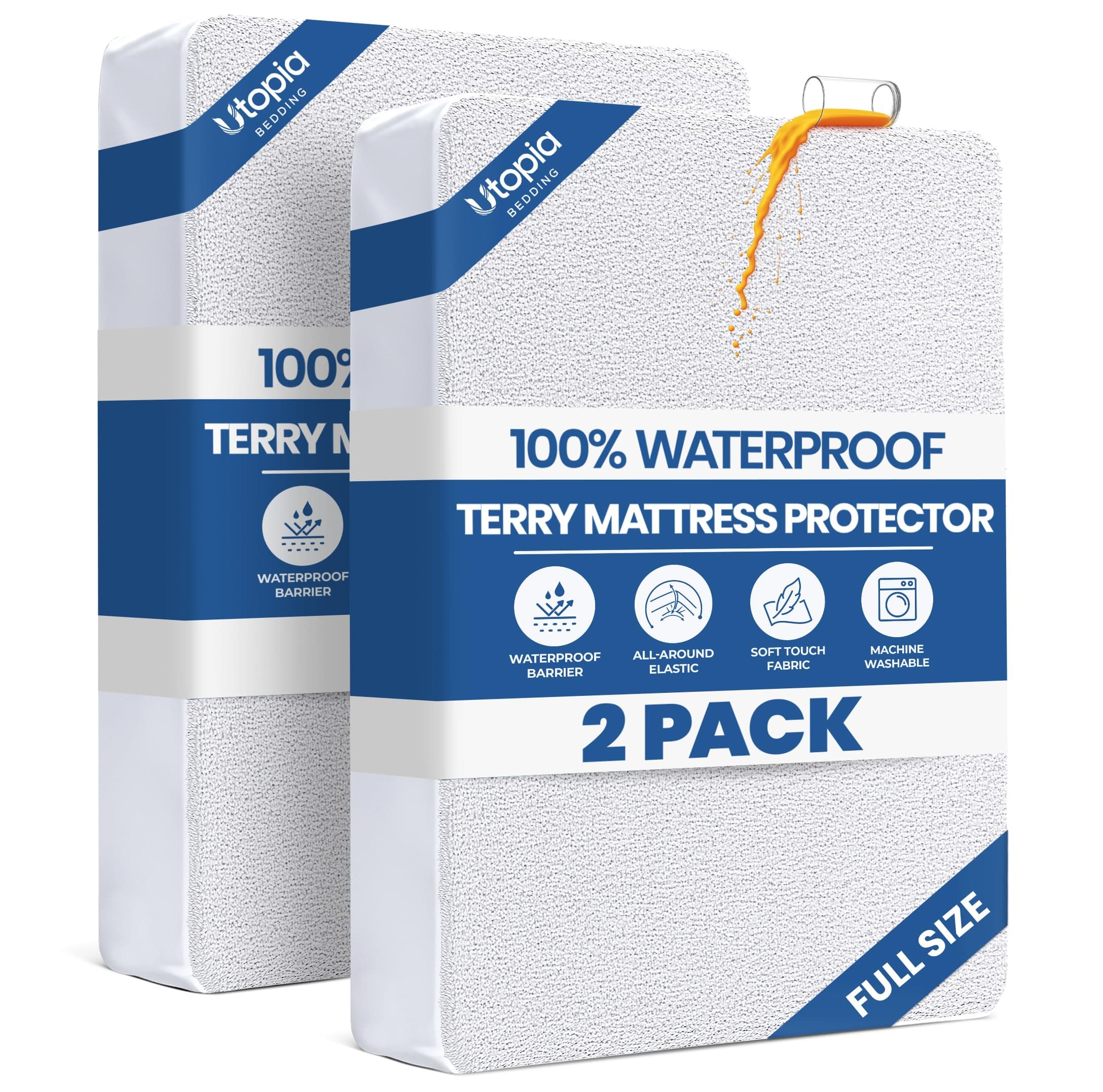 Full Size Mattress Protector Waterproof 2 Pack, Premium 200 GSM Terry Mattress Cover, Soft & Breathable Bed Cover, Fitted Sheet Style Stretchable Deep Pockets 15" by Utopia Bedding (White)