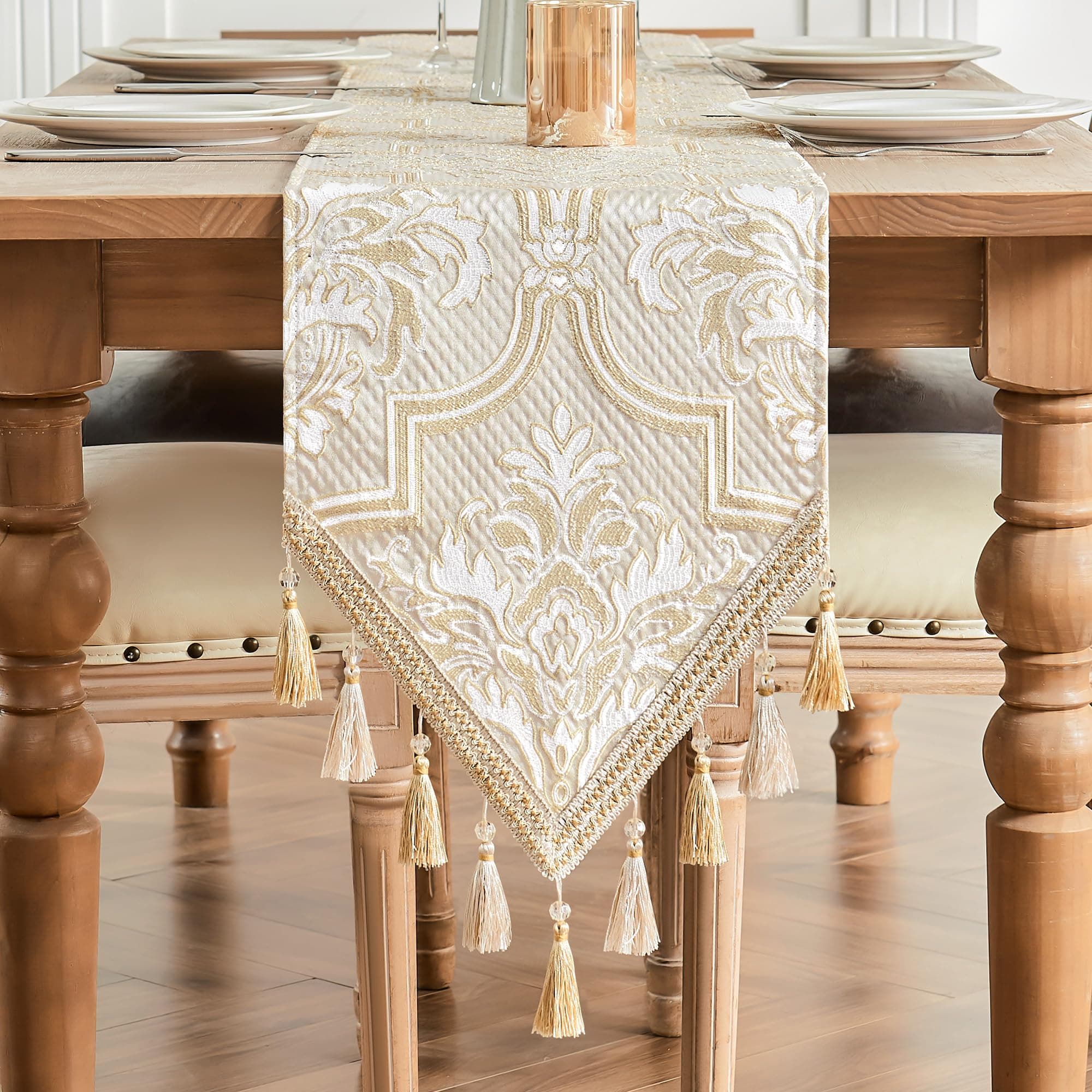 Damask Fabric Table Runner, Table Runner Decoration for Dining / Kitchen / Restaurant / Banquet / Party Table Decoration (33 x 274 cm, White & Yellow)