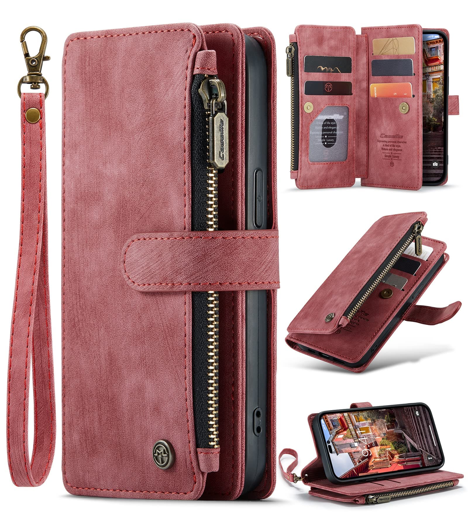 ANROD Wallet Case for iPhone 14 Pro,PU Leather Flip Magnetic Closure Shockproof Zipper Purse Cover for iPhone 14 Pro,with Card Slots (Red)