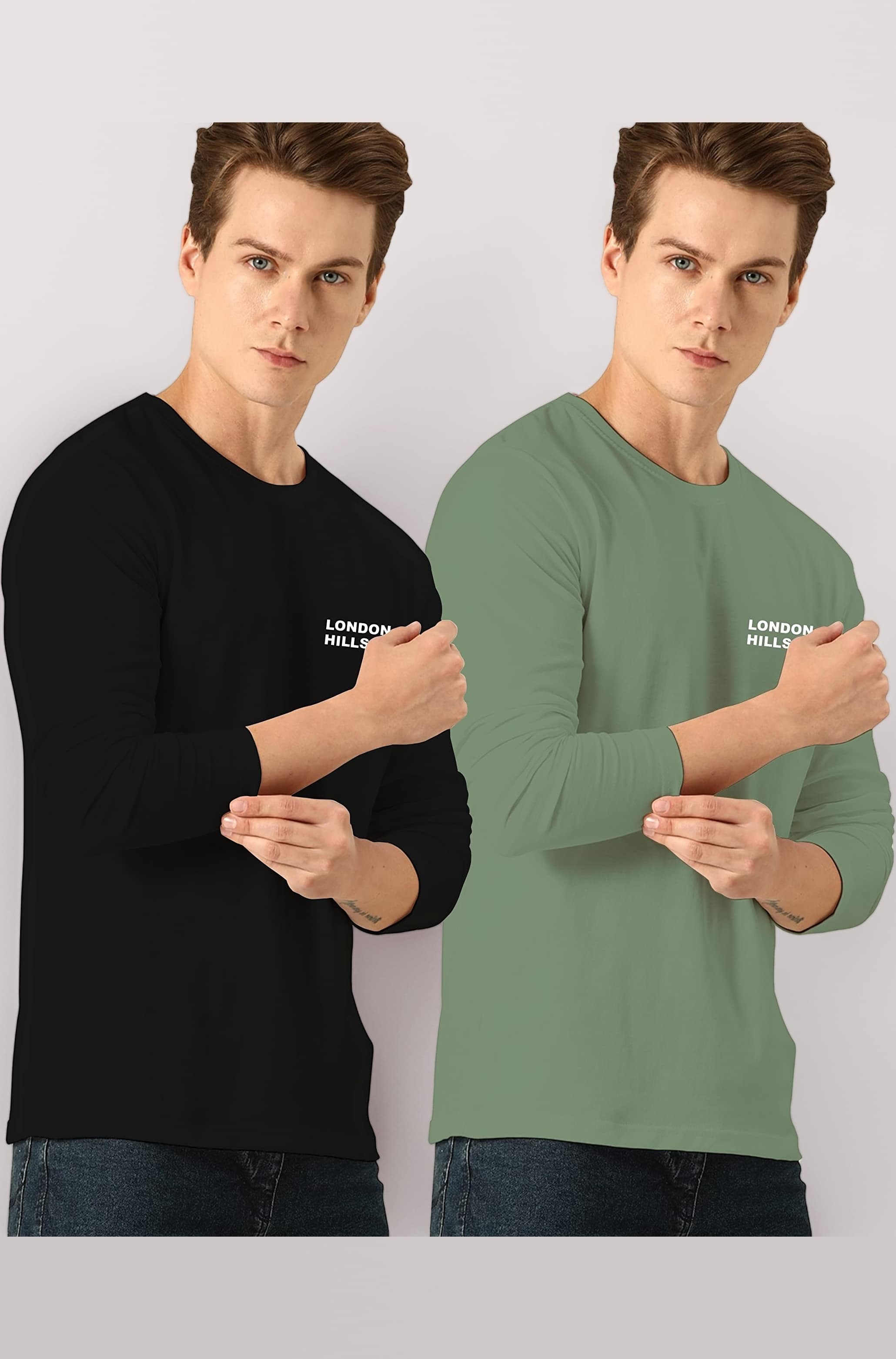 Men's Cotton Regular Fit Solid Round Neck Full Sleeve T-Shirt (Pack Of 2)